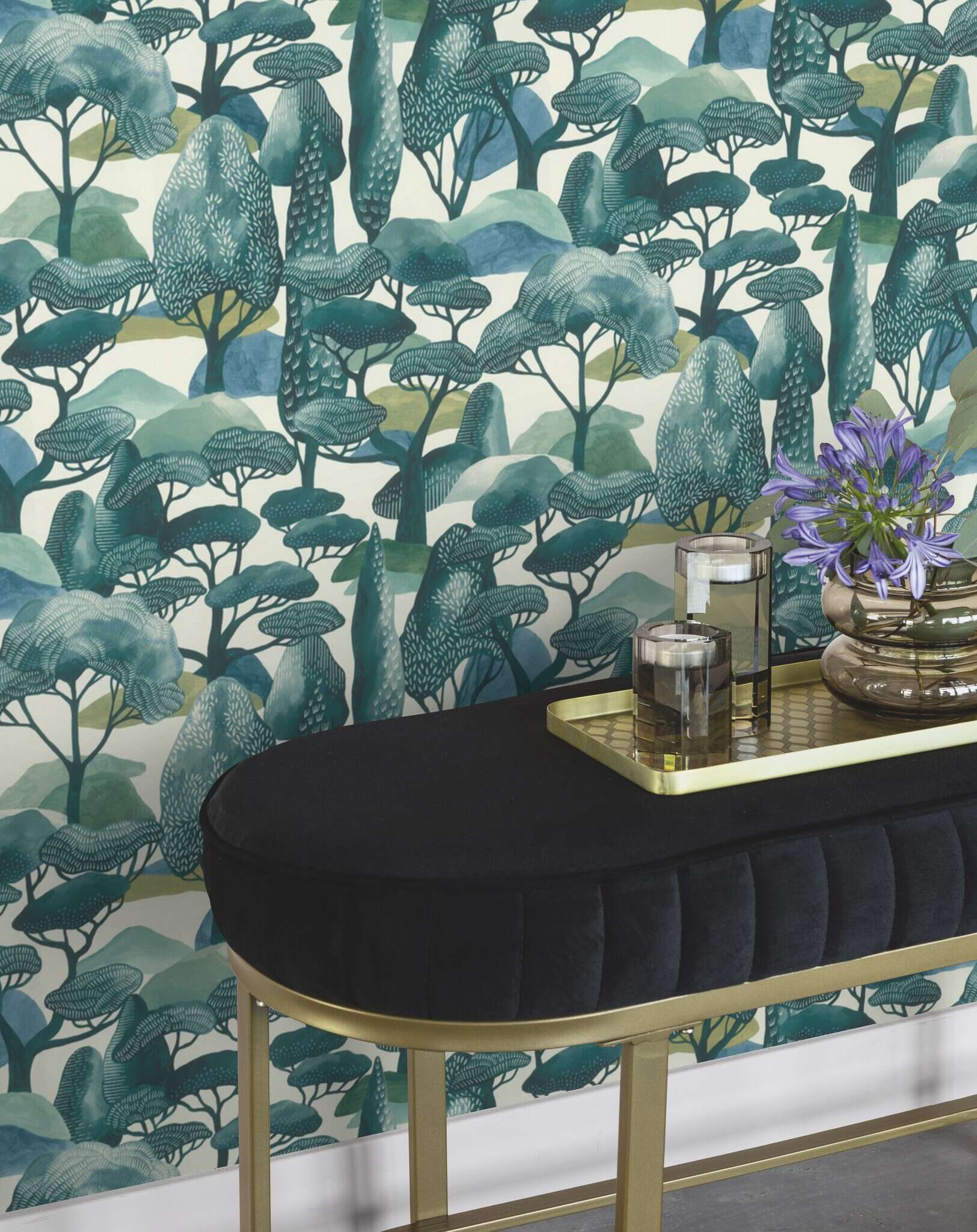 10-581218 Raumsituationen 2 Room with Wallpaper with stylised tree landscape and light texture