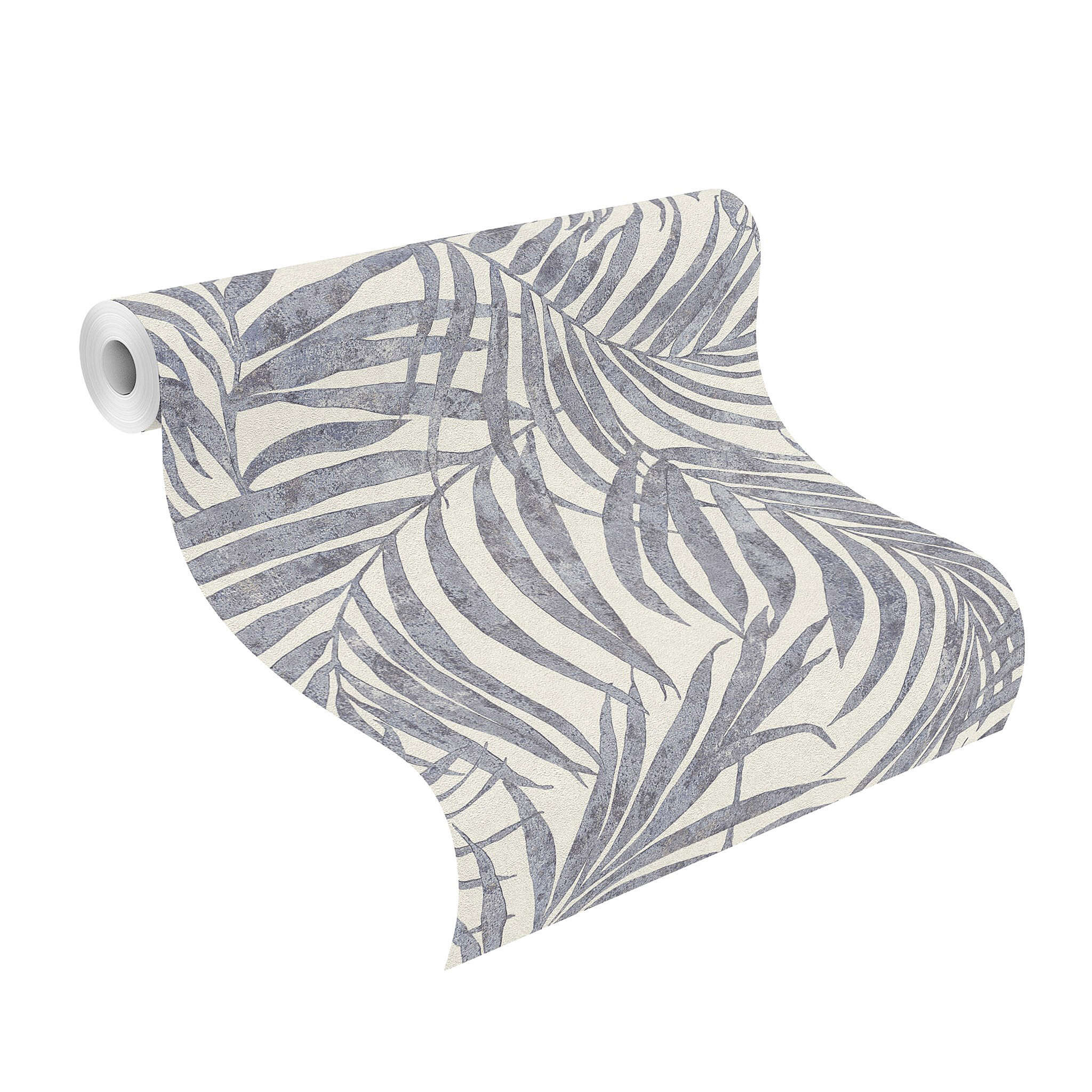 10-617429 Rolle abgerollt 1 Palm leaves non-woven wallpaper in blue-demin Indigo Selection 617429