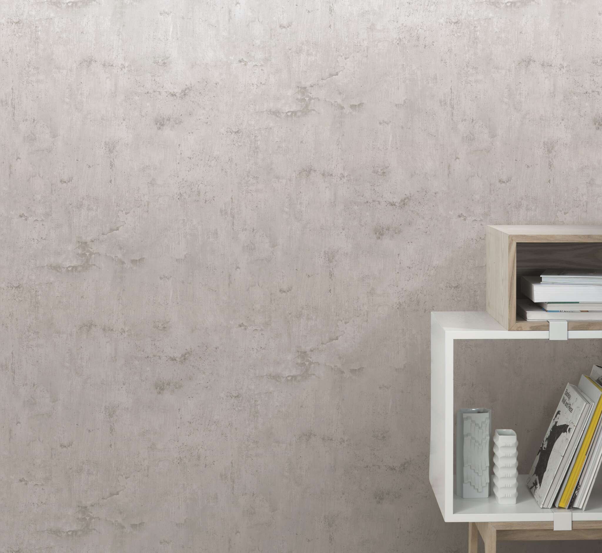 Raum mit Urban gestaltete Tapete in heller Betonoptik für ein modernes, industriell anmutendes Raumkonzept