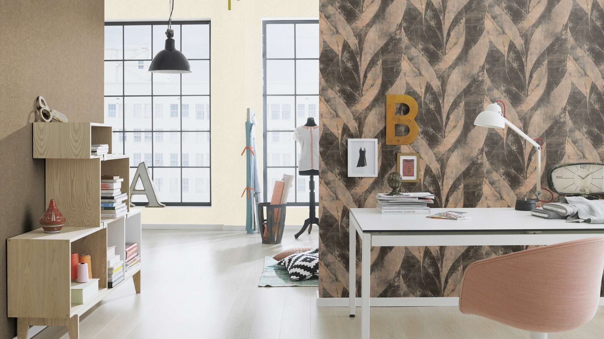 10-520231 Raumsituationen 4 Room with Single-colour wallpaper with plaster look