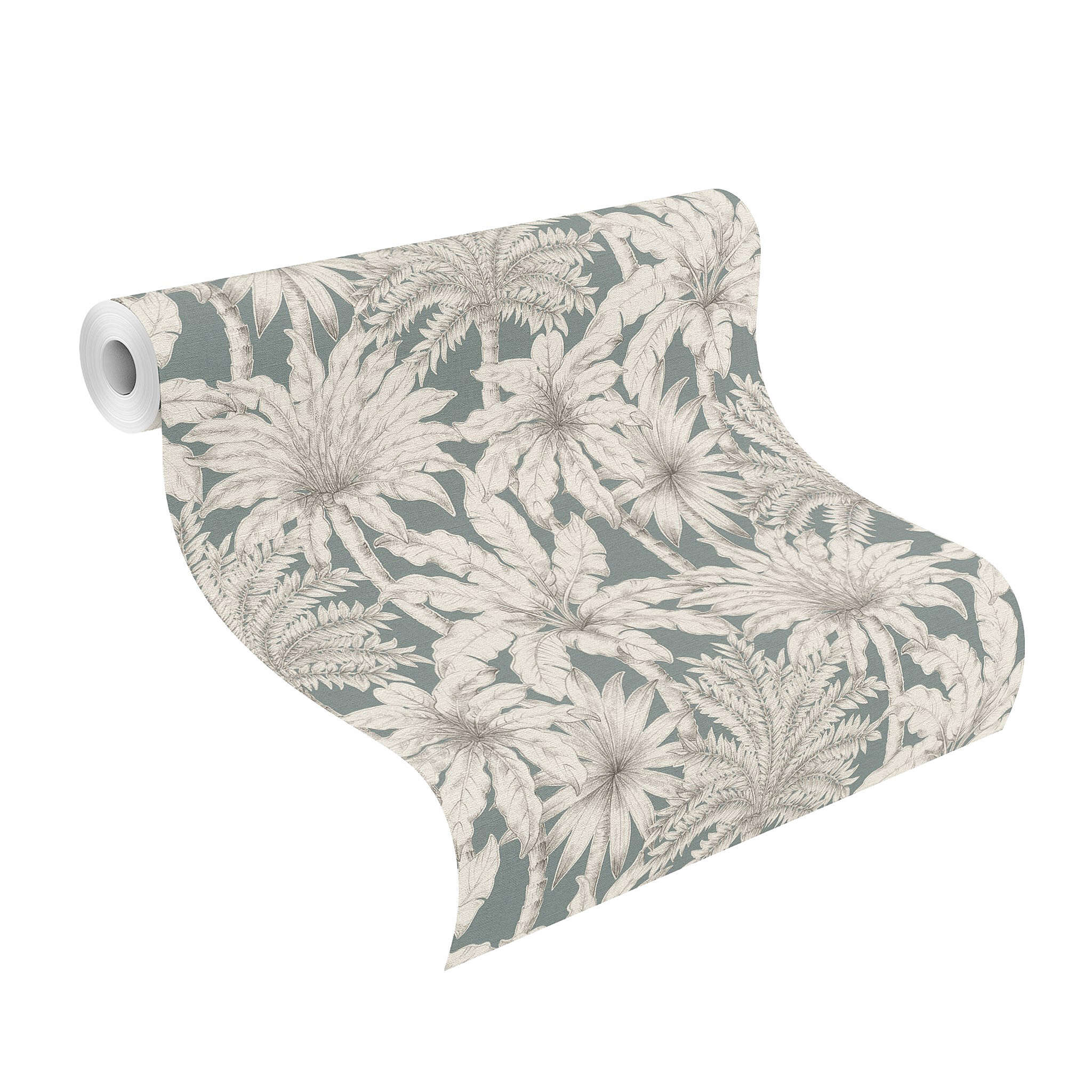 10-832723 Rolle abgerollt 1 Unrolled wallpaper roll with Wallpaper with sketched palm trees and a hand-drawn look