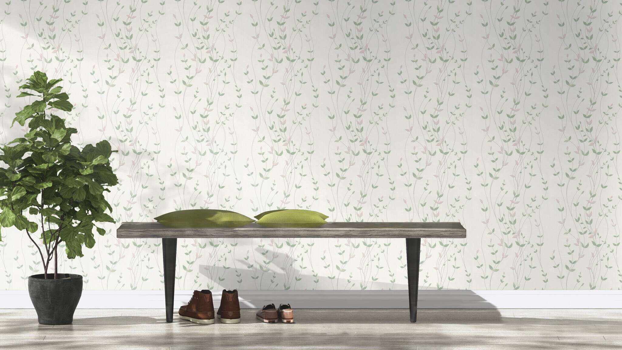 10-416039 Raumsituationen 2 Room with Non-woven wallpaper with a curved vine pattern in green and pink on a light background.