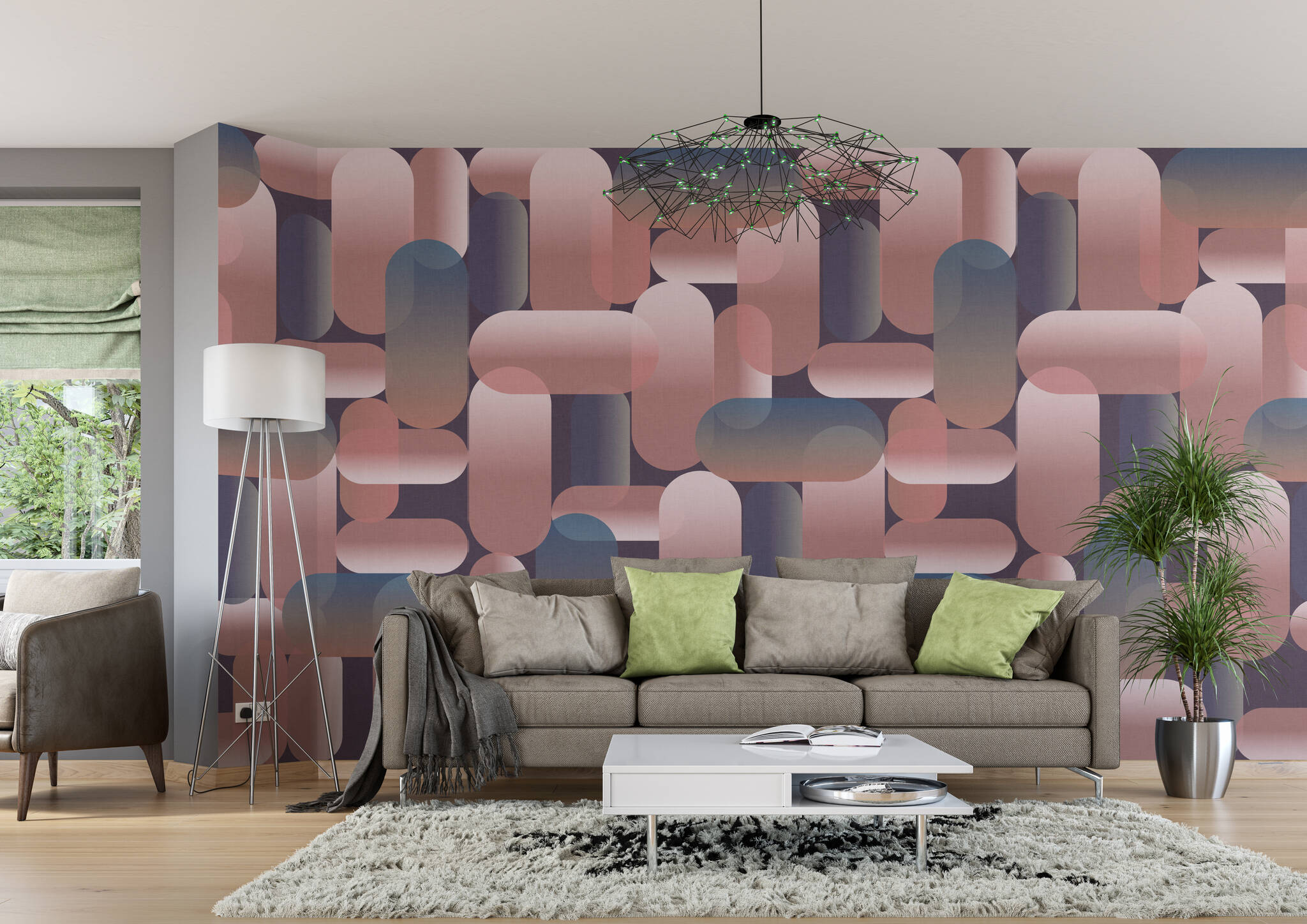 Wohnzimmer mit Wandbild - Anleihen aus den 70ern prägen dieses Oval-Muster in eleganten Rosa- und Blau-Tönen