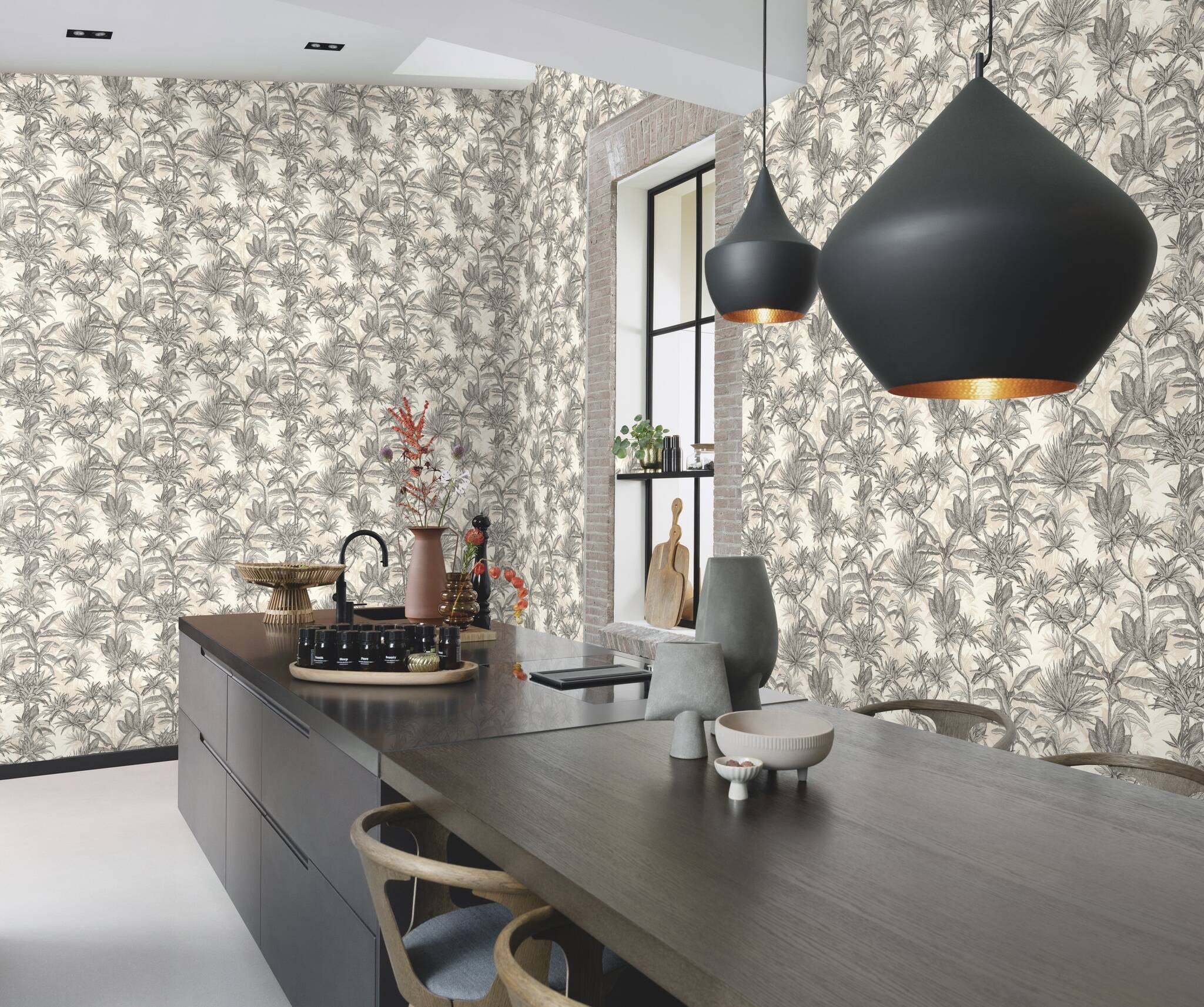 10-793413 Raumsituationen 2 Room with Tropical wallpaper with sketched plants and palm trees