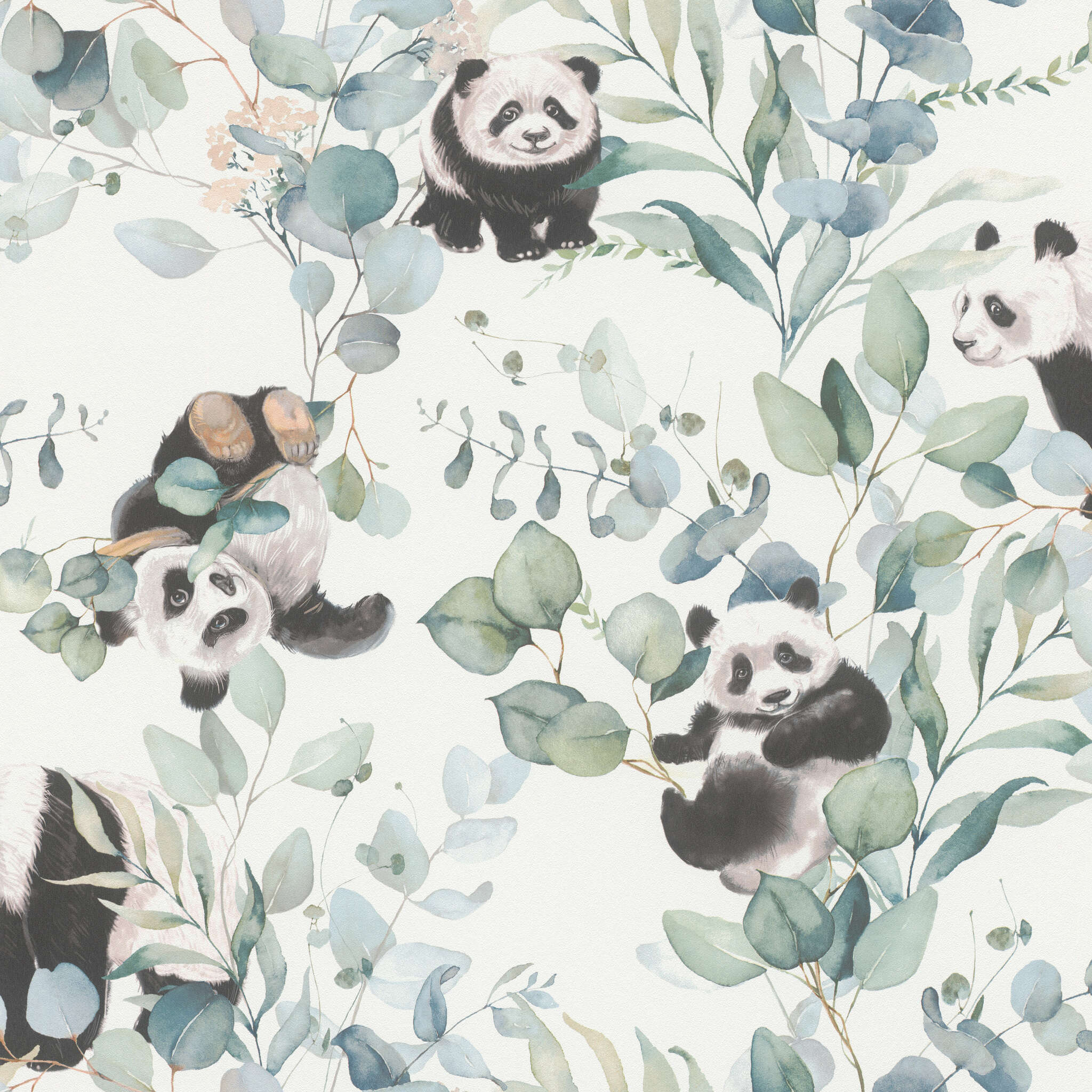 10-301144 Artikelscan 1 Playful children's wallpaper with cute pandas surrounded by green eucalyptus branches on a light background