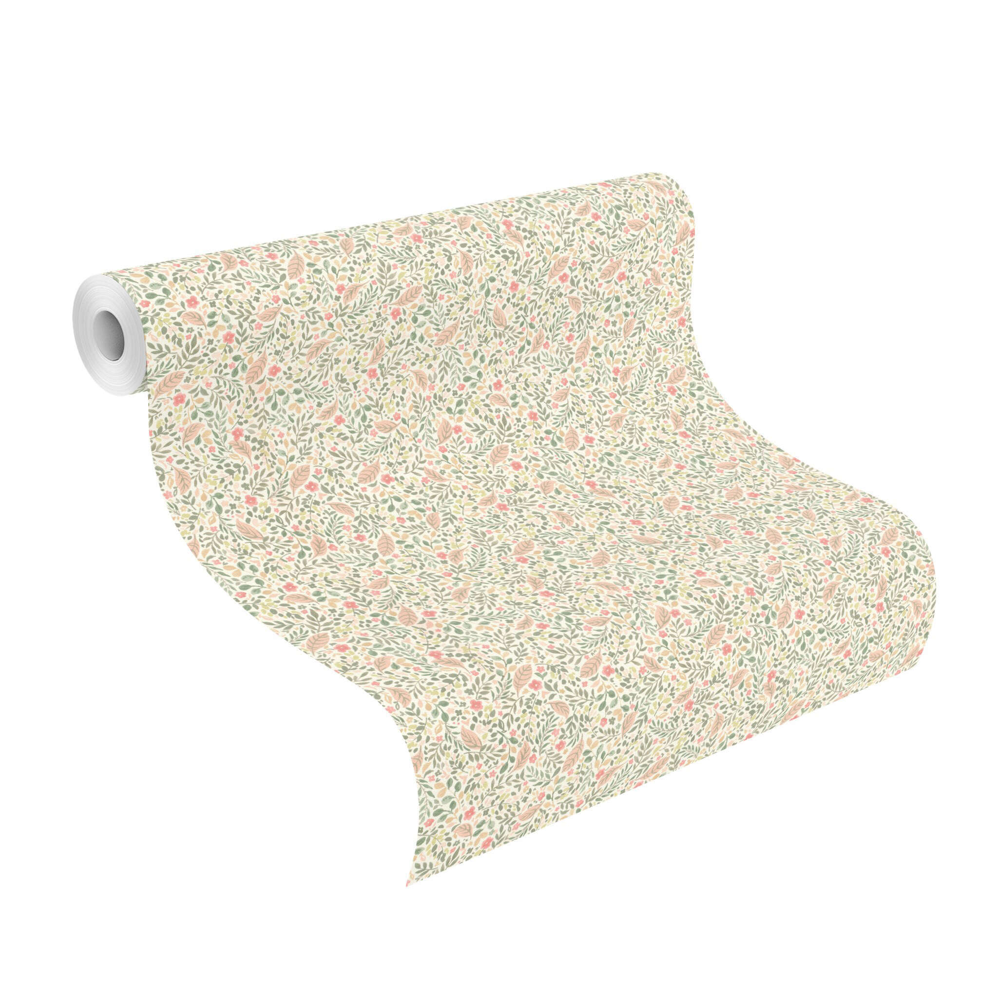 10-795011 Rolle abgerollt 1 Florale Vliestapete mit kleinen Blumen und Blättern in Grün, Rosa und Orange - 795011