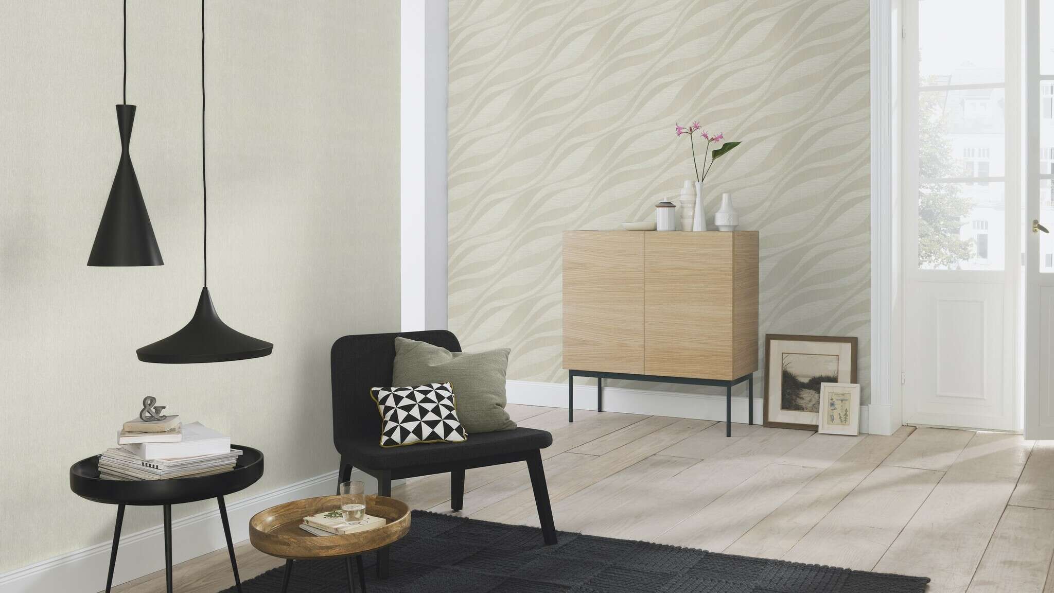 10-608021 Raumsituationen 2 Room with Graphic wallpaper with waves and grooved texture