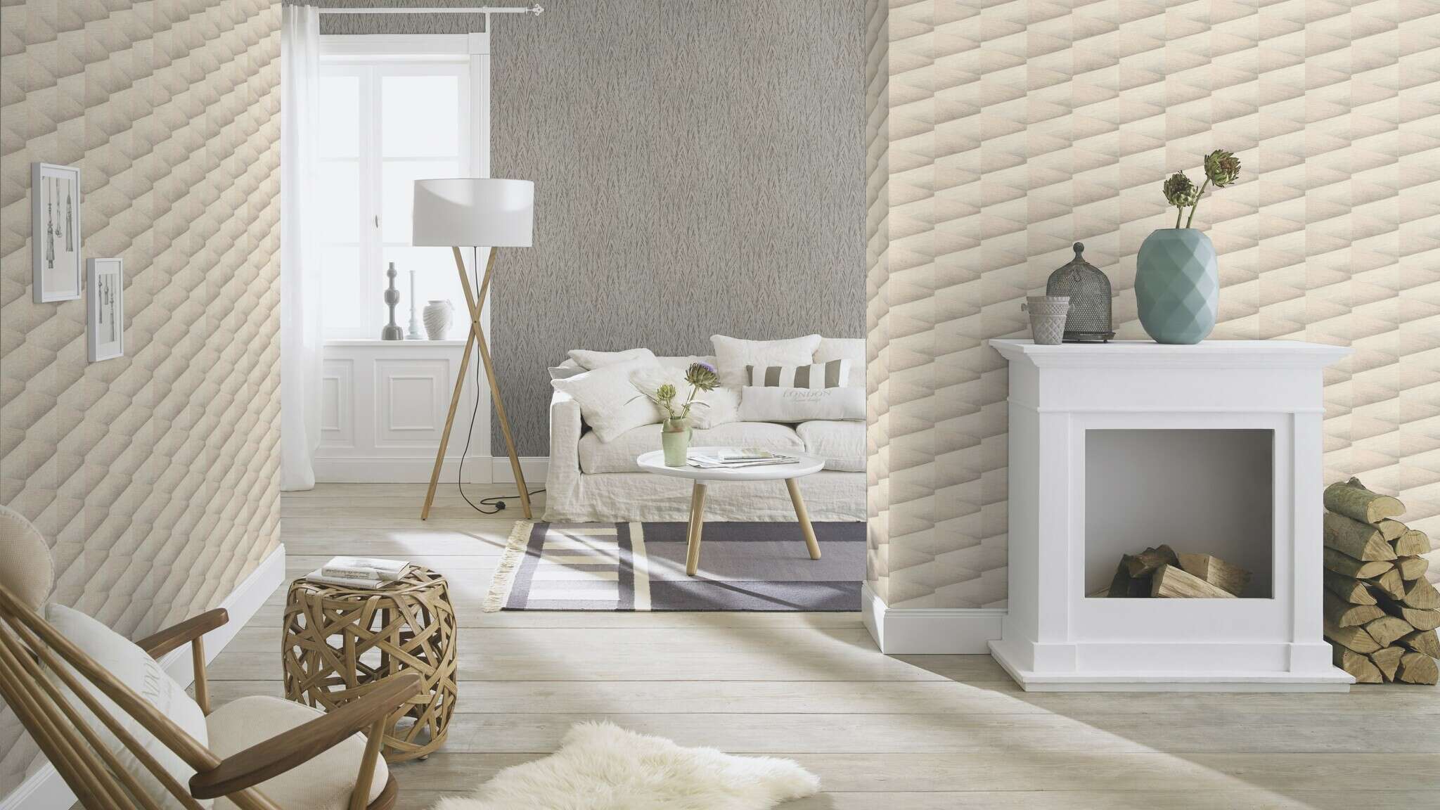 10-554618 Raumsituationen 2 Room with Graphic wallpaper with three-dimensional shapes and a grooved texture
