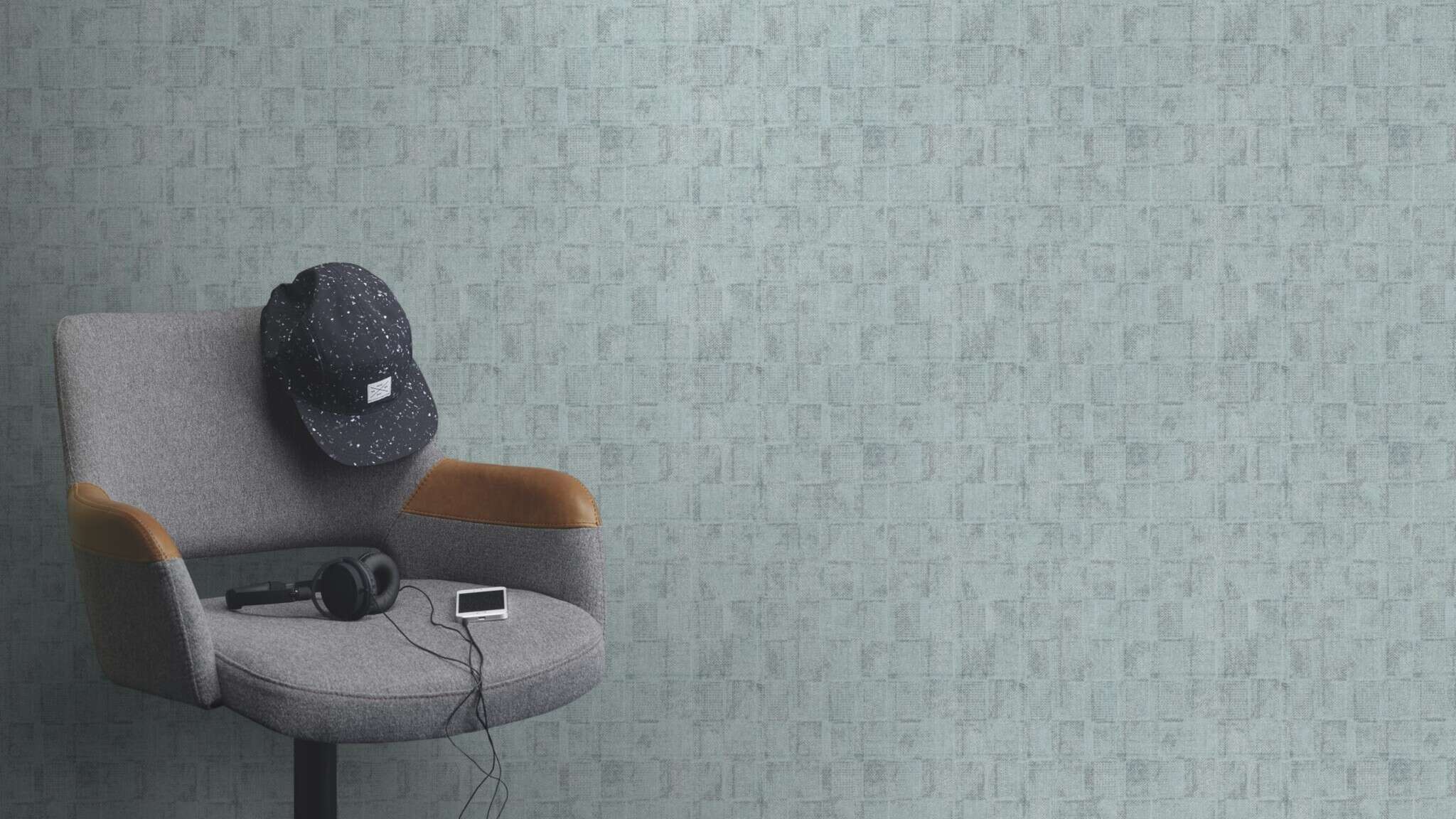 10-314724 Raumsituationen 1 Room with Blue-grey non-woven wallpaper with a woven patchwork texture and a slightly raised look