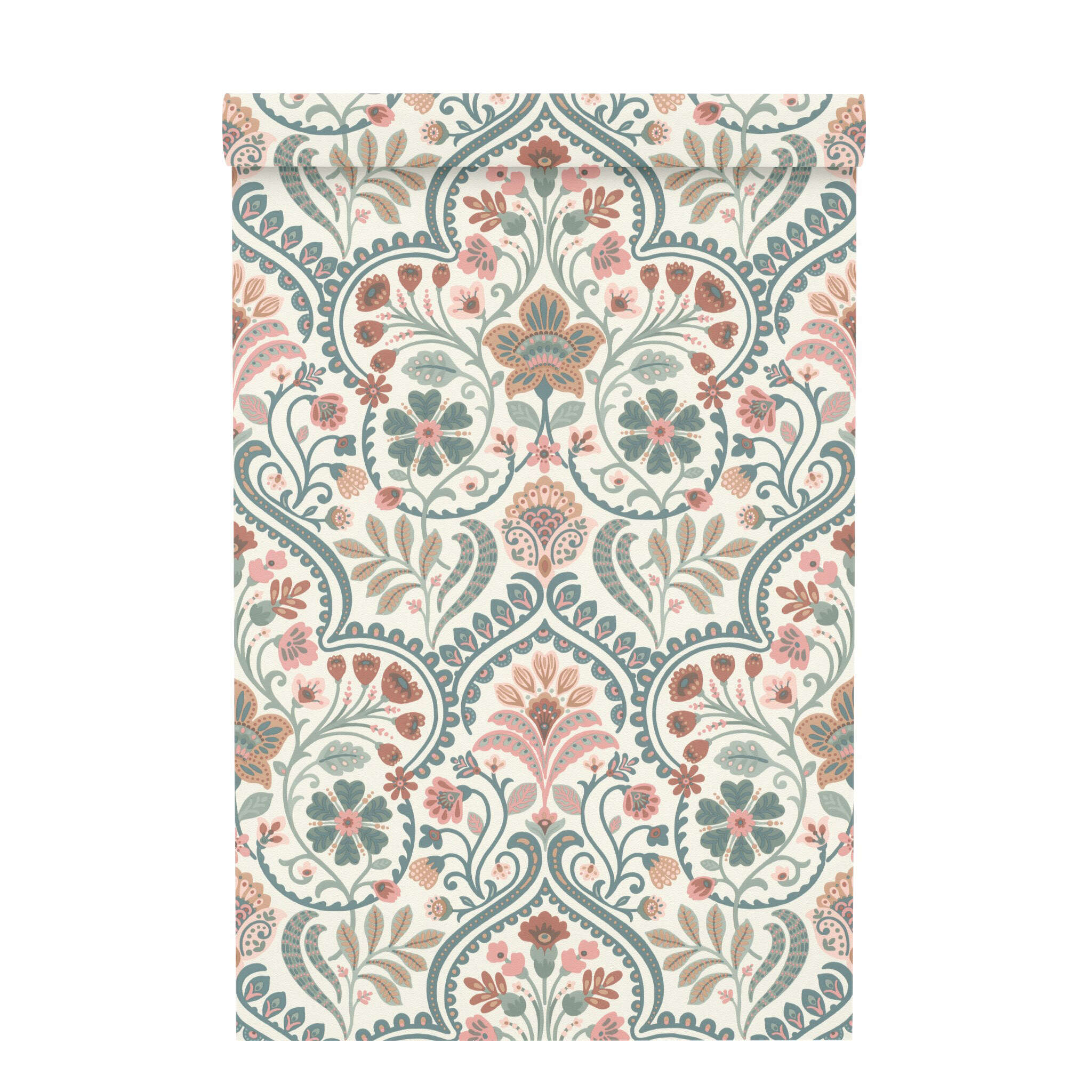 10-693102 Rolle abgerollt 1 Unrolled wallpaper roll with Floral wallpaper with flower tendrils