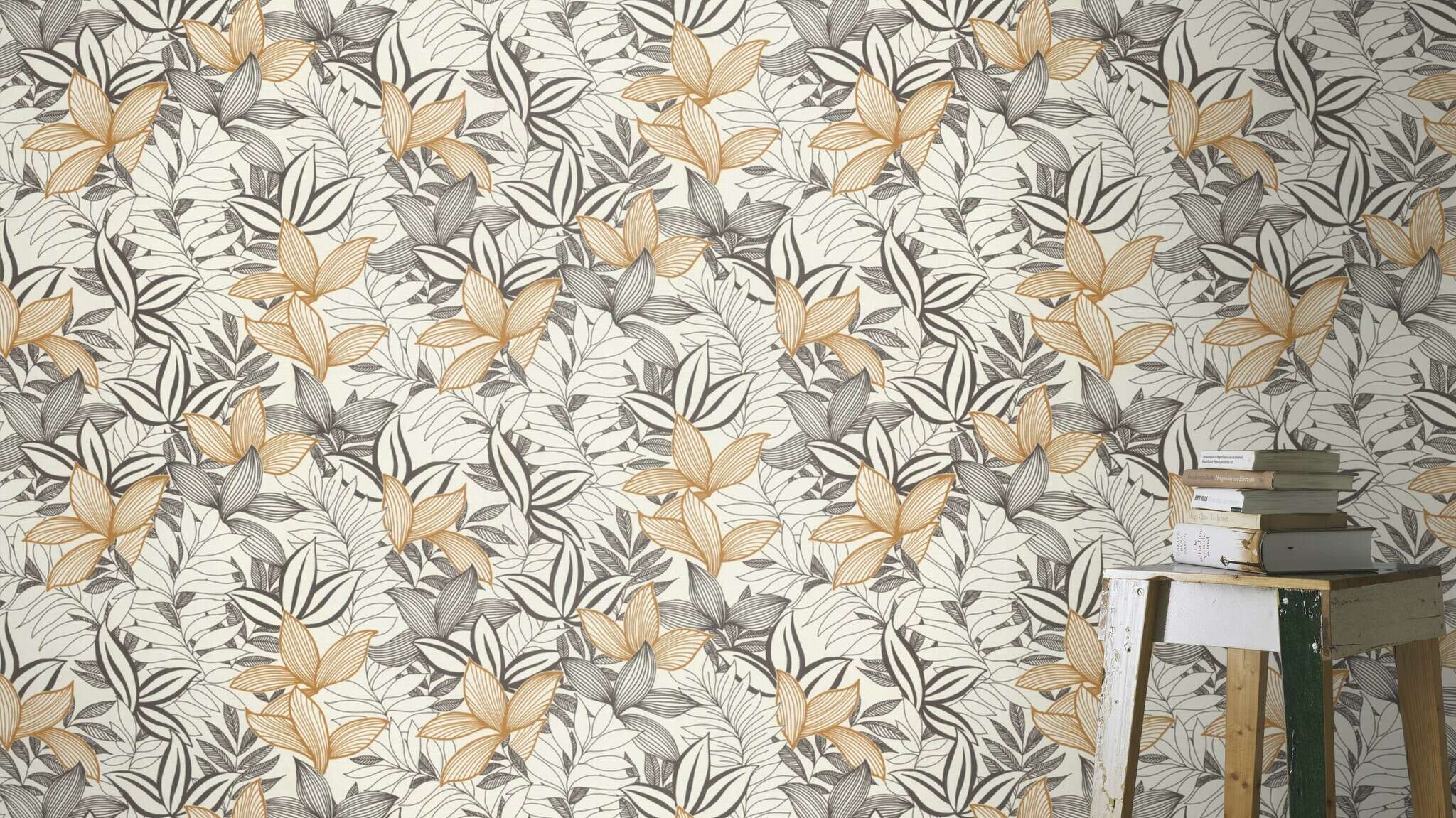 10-691009 Raumsituationen 2 Room with Sketched drawing of various leaves in black with details in golden yellow on a cream-white background
