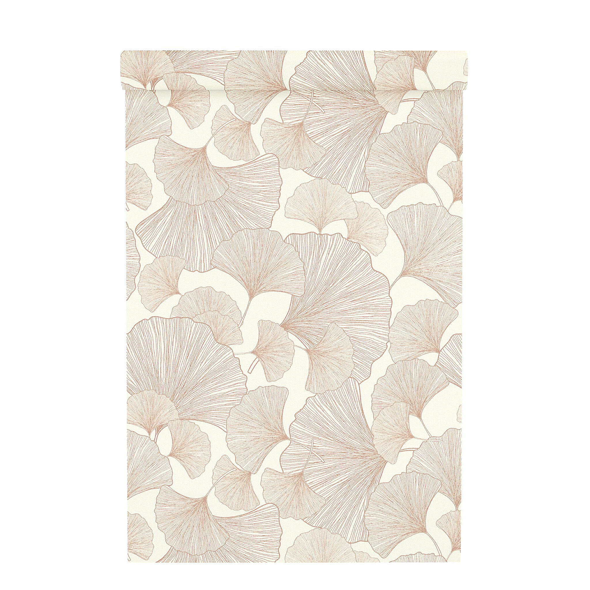 10-462296 Rolle abgerollt 2 Rollenabbildung mit Großflächiges Ginkgo-Muster in zartem Rosé auf cremeweißem Untergrund – feminin, luftig und modern.