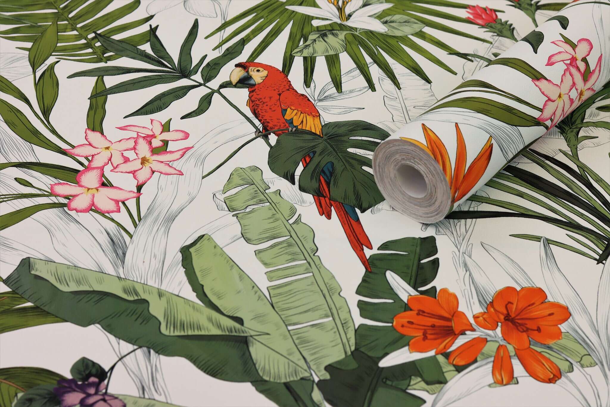 10-689907 Detailaufnahmen 1 Detailed image of Wallpaper with tropical plants and parrots
