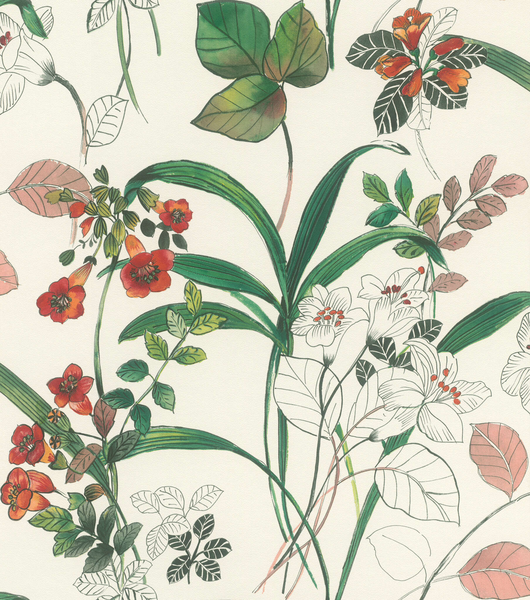 10-582604 Artikelscan 1 Floral non-woven wallpaper in red and green 582604