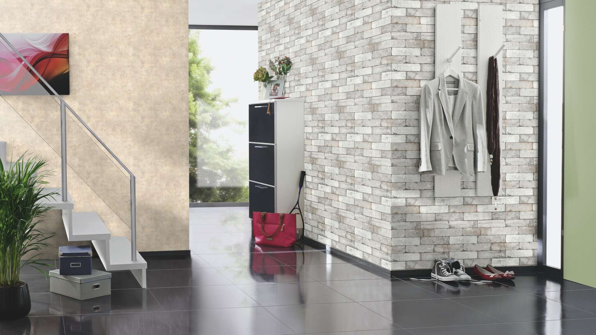 10-446302 Raumsituationen 5 Room with Grey non-woven wallpaper with realistic brick pattern in a vintage look.