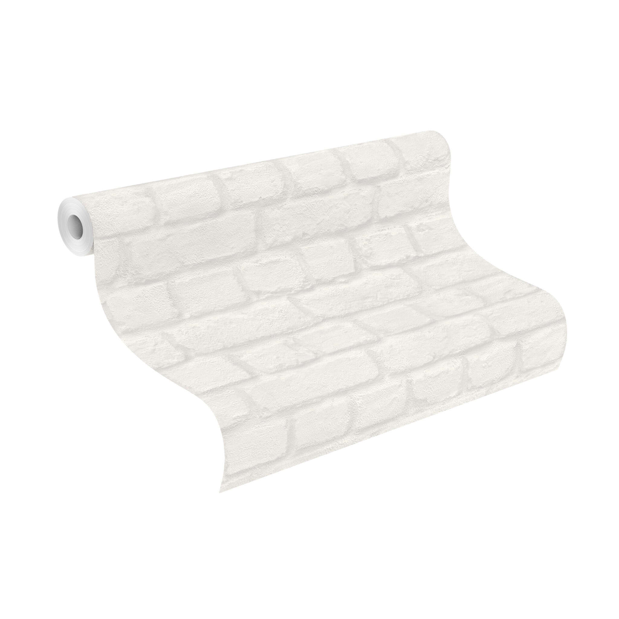 10-201710 Rolle abgerollt 1 Unrolled wallpaper roll with Wallpaper with a three-dimensional brick pattern in white for a bright loft look