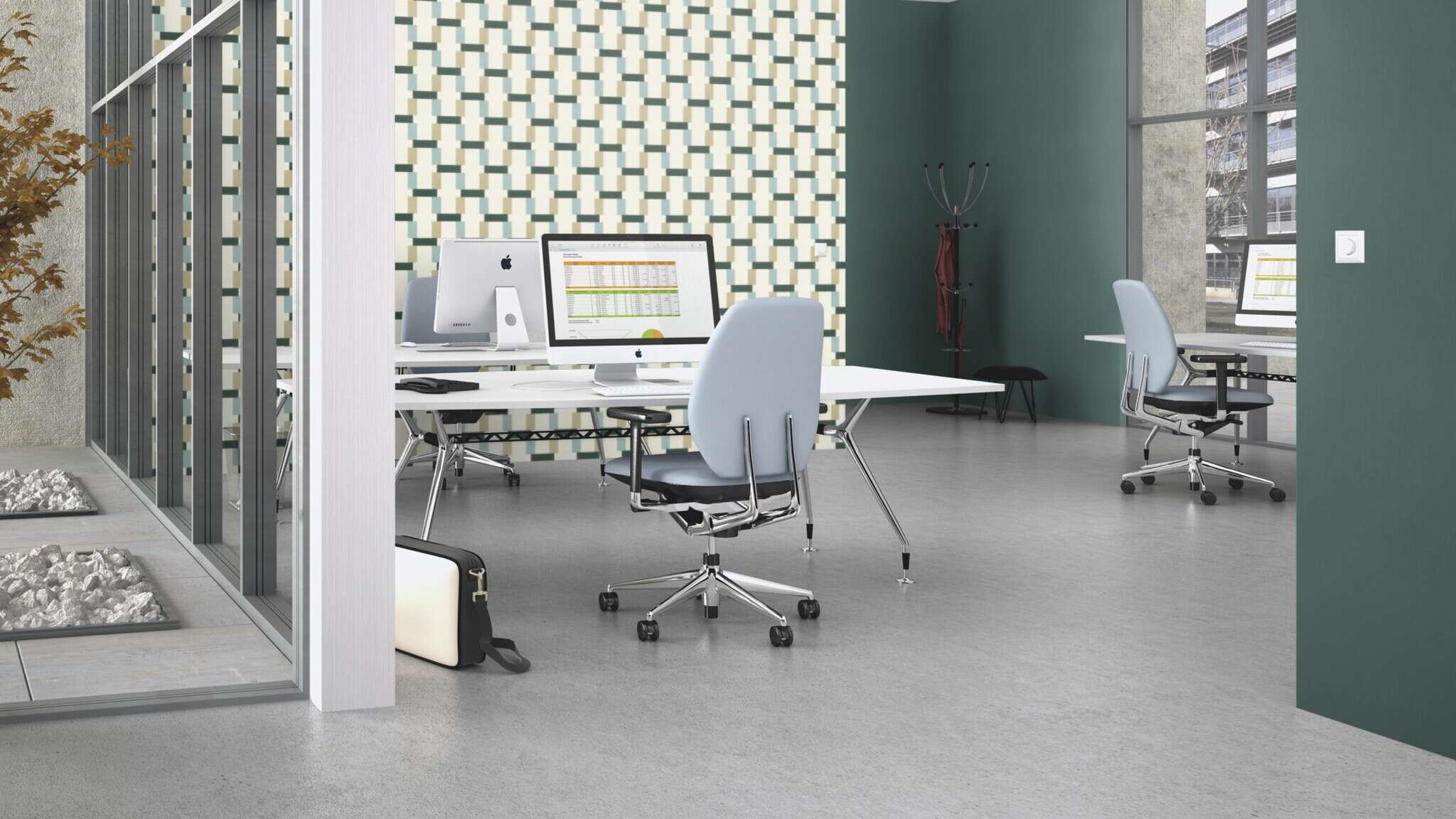10-868821 Raumsituationen 3 Room with Geometric wallpaper with rectangles and a textile texture
