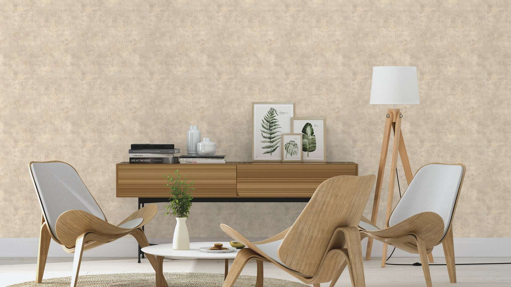 10-939538 Raumsituationen 3 Room with Wallpaper with rustic concrete look