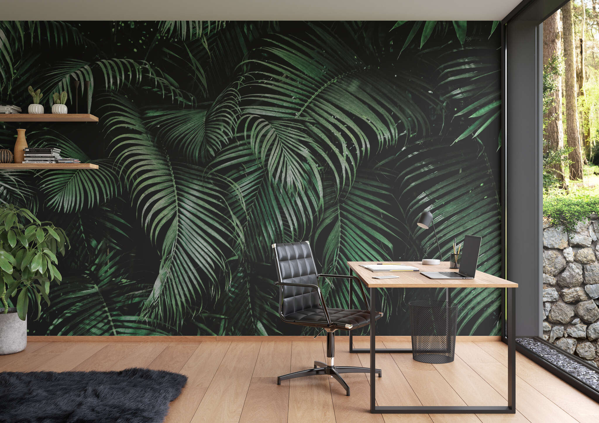 Arbeitszimmer mit 363104 - Fototapete - Grüne Palmenblätter mit 3D-Effekt magicwalls photo wallpaper 363104
