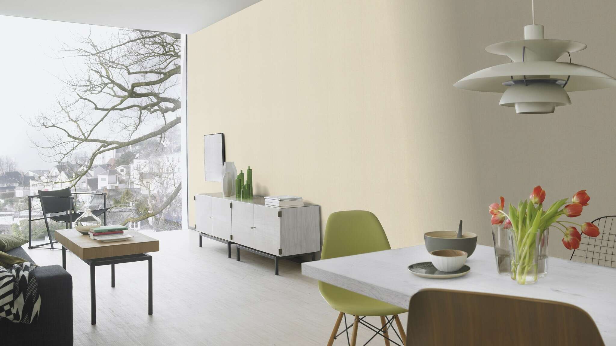 10-633788 Raumsituationen 1 Room with Single-colour wallpaper with a grainy textile texture