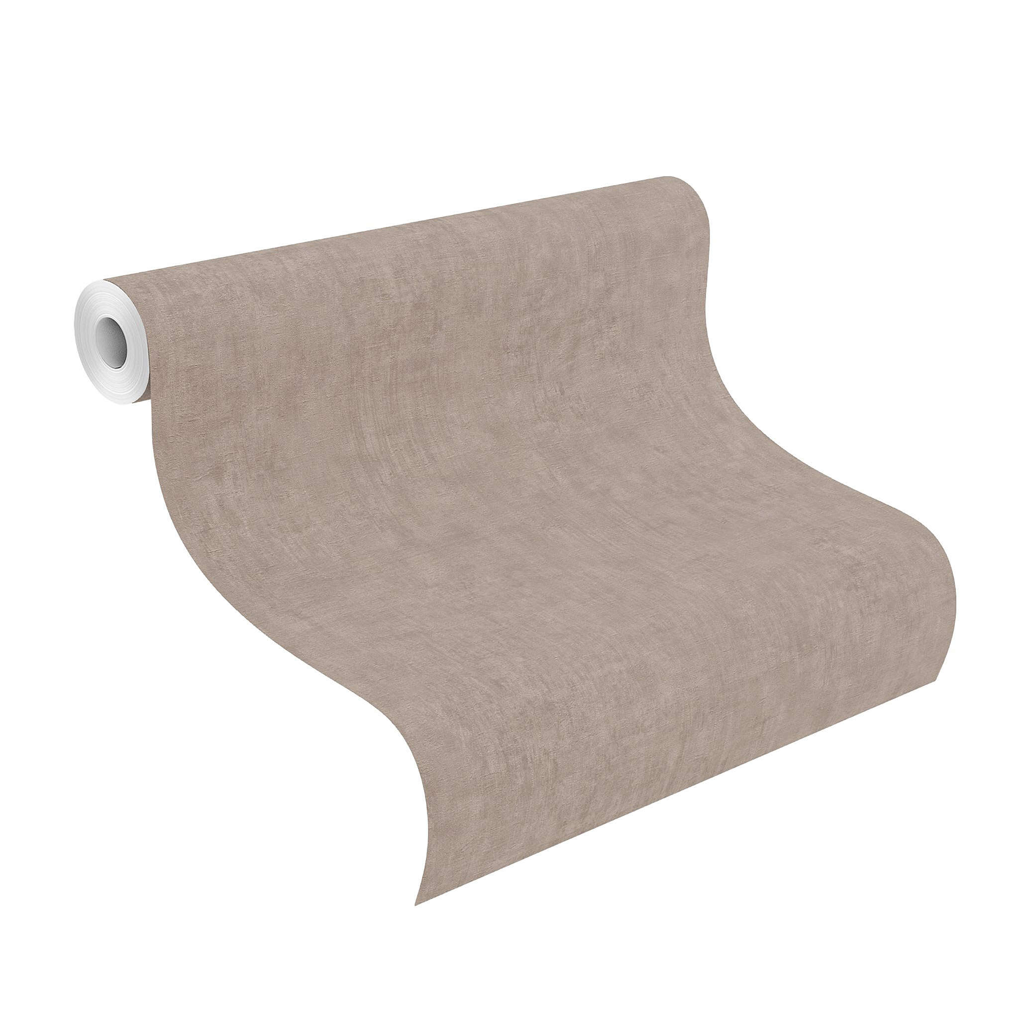 10-429251 Rolle abgerollt 1 Rollenabbildung mit Vliestapete mit feiner, textilähnlicher Struktur in taupefarbener Optik.
