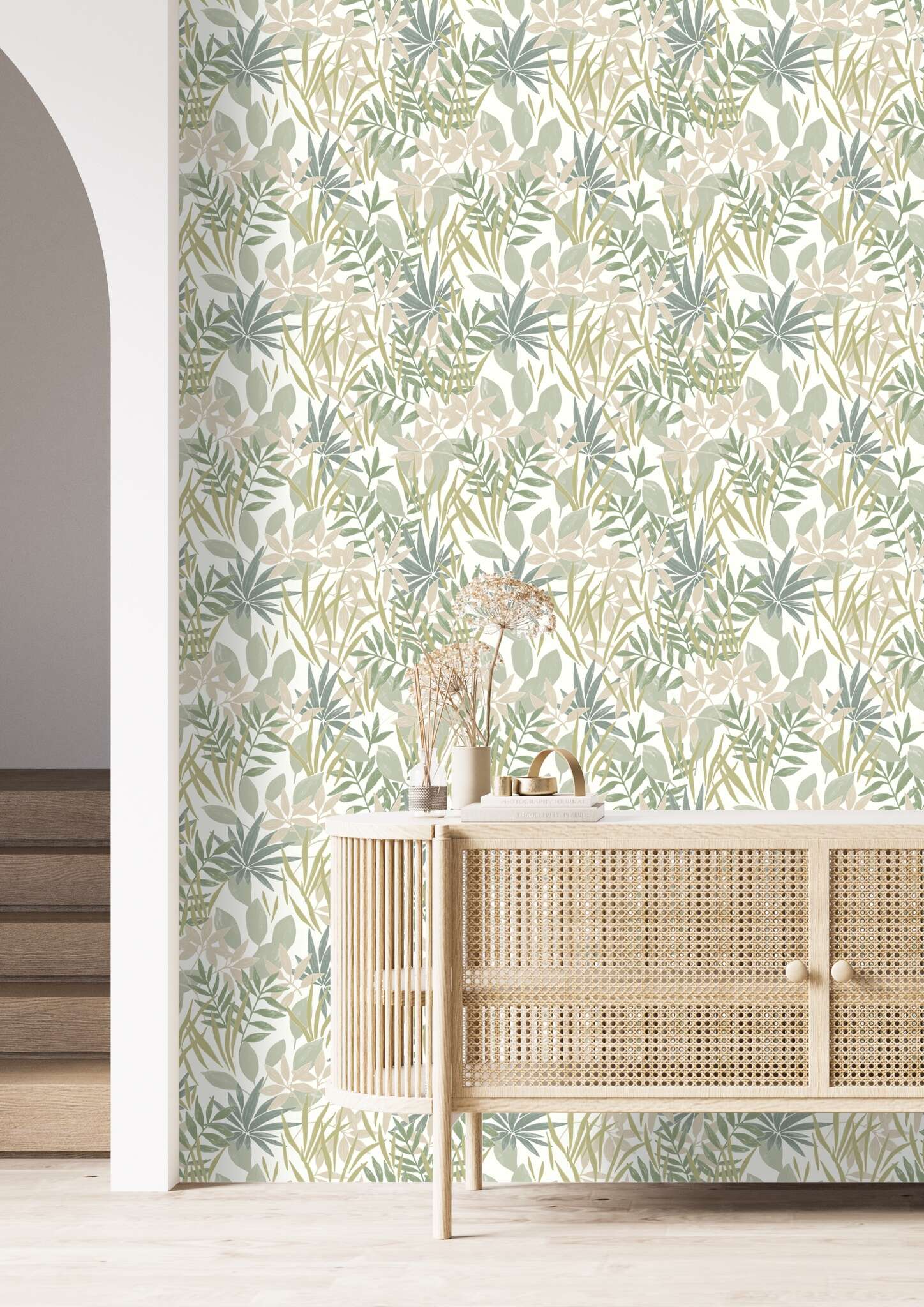 10-791006 Raumbilder 1 Room with Wallpaper with overlapping leaves and twigs