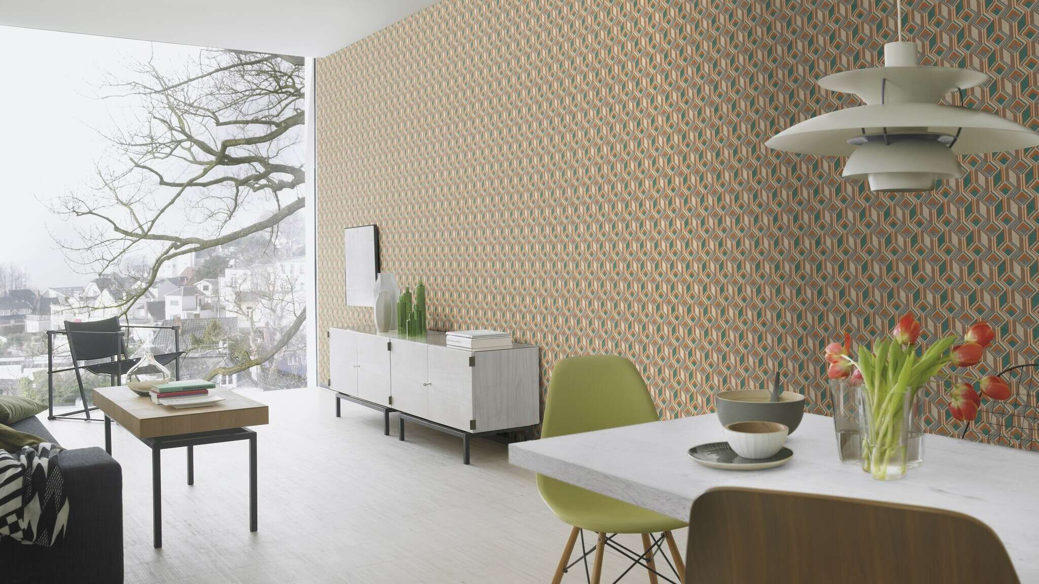 10-746525 Raumbilder 1 Room with Graphic wallpaper with squares, diamonds and lines in an ethnic design