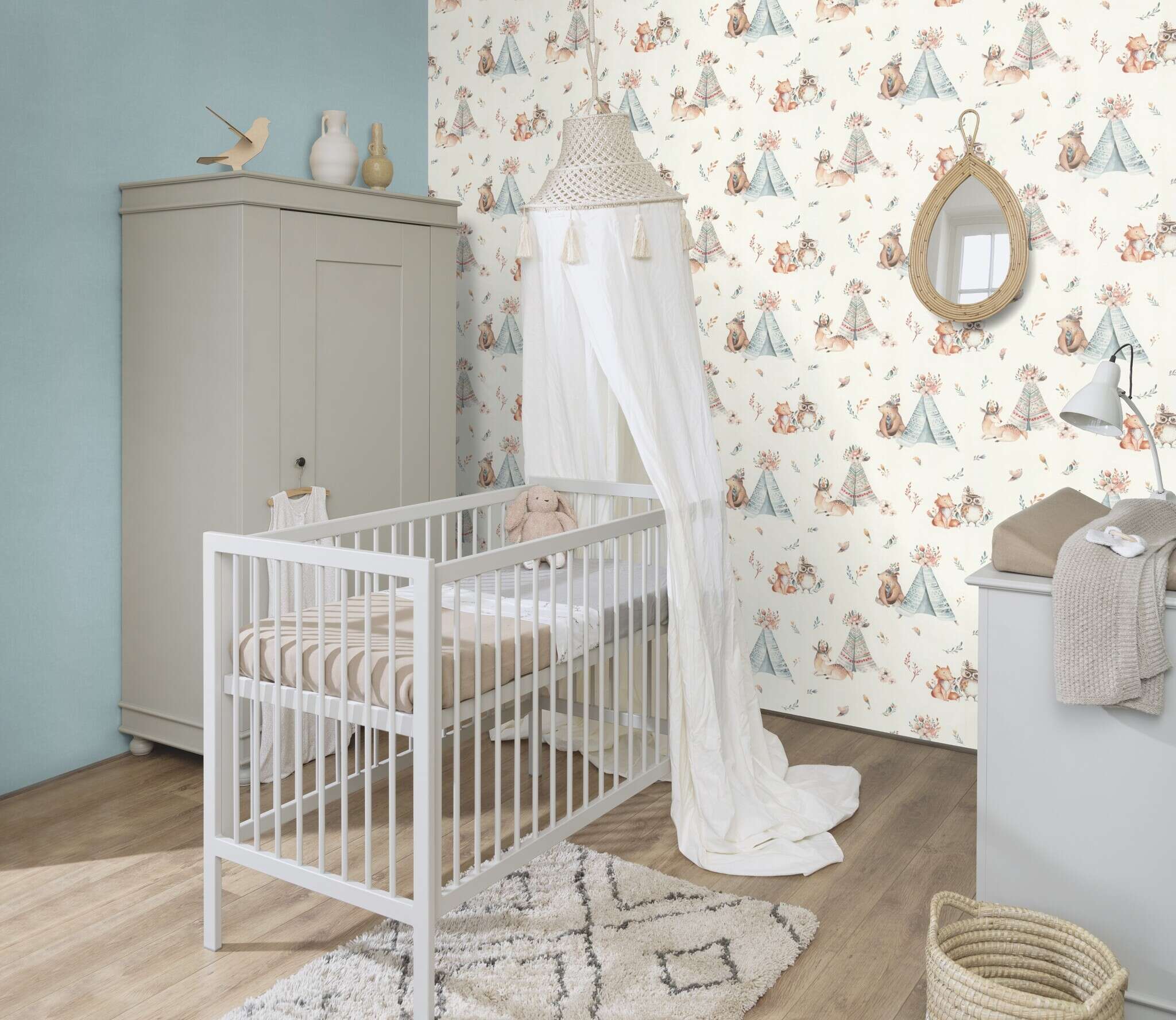 10-252880 Raumsituationen 3 Room with Fresh-looking wallpaper in turquoise blue with a fine texture for invigorating rooms