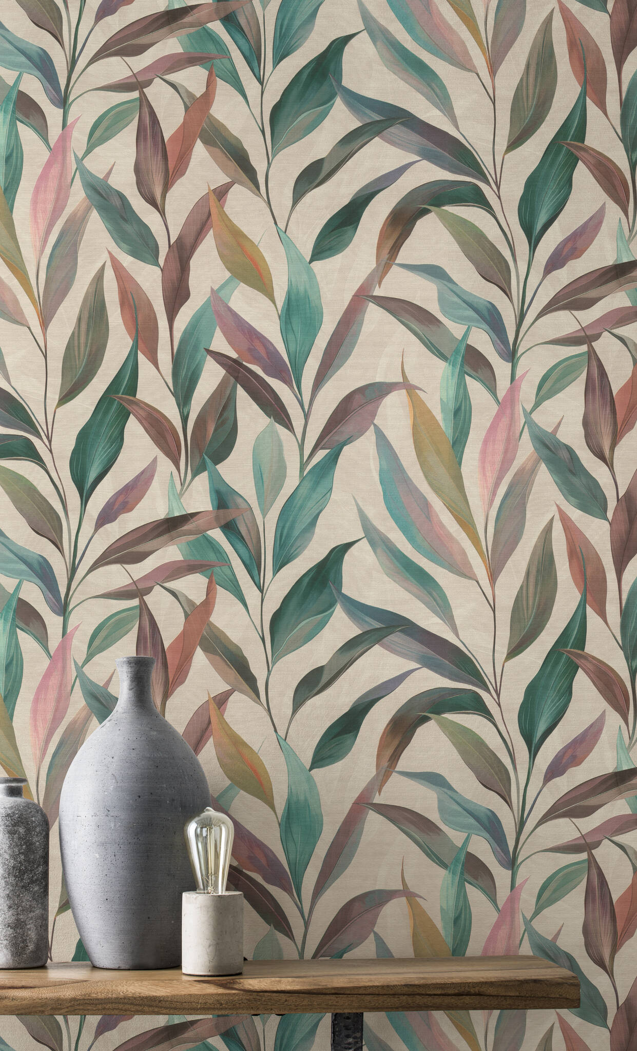 10-370614 Raumsituationen 1 Fiesta 370614 self-adhesive wallpaper - modern leaf pattern in blue, green and pink