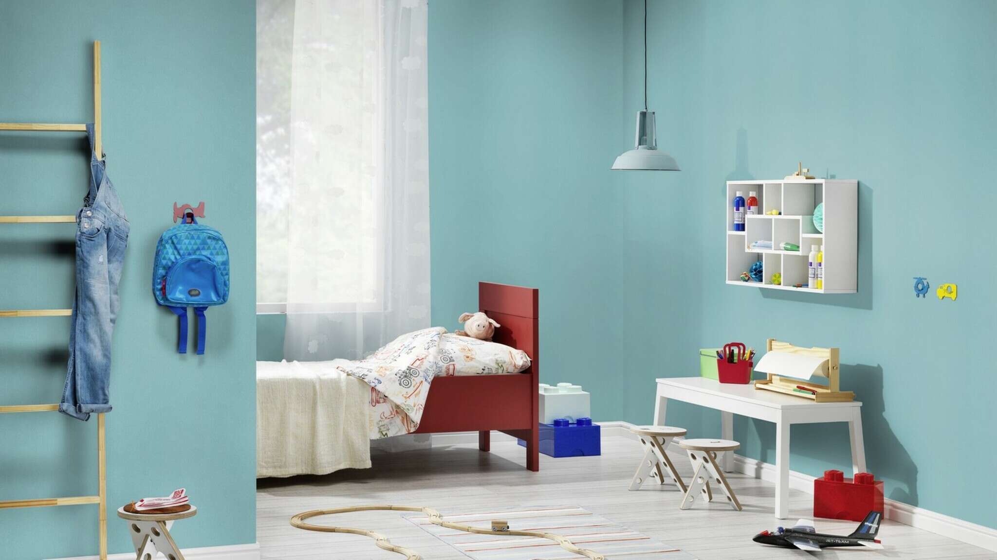 10-475524 Raumsituationen 1 Une chambre avec Papier peint intissé turquoise intense – structure maillée originale avec une finition douce