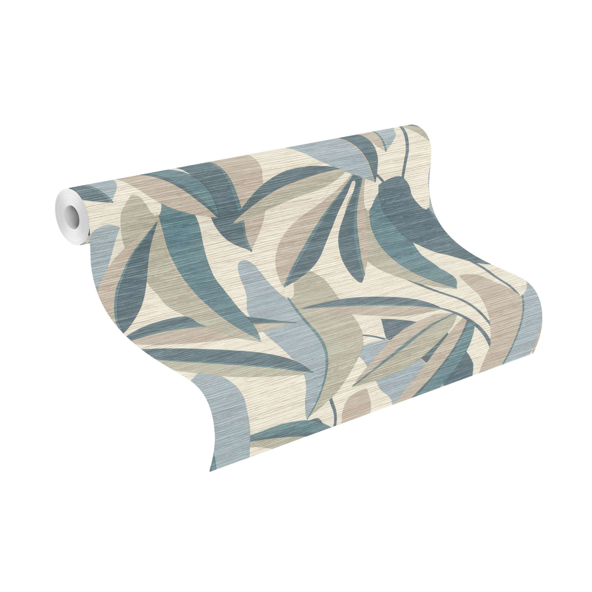 10-866346 Rolle abgerollt 1 Rollenabbildung mit Zeichnungen von überdimensionalen Blättern in Beige, Blau und Grün auf beigebraunen Hintergrund mit Holzmaserung