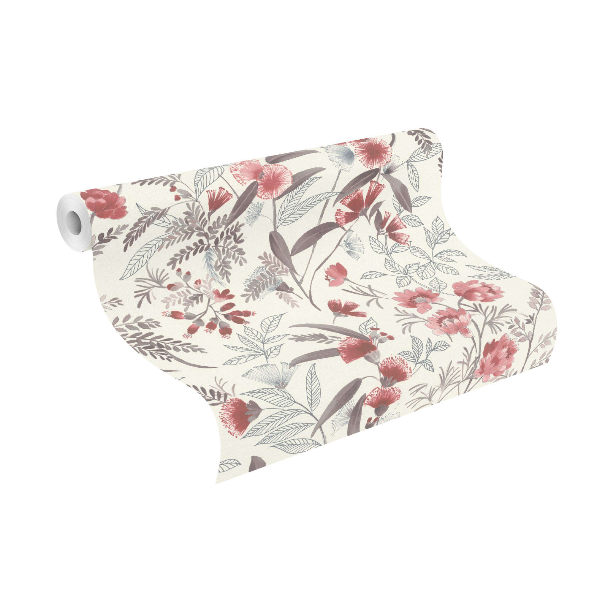 10-869118 Rolle abgerollt 1 Unrolled wallpaper roll with Wallpaper with hand-drawn lines and flowers in a watercolour look