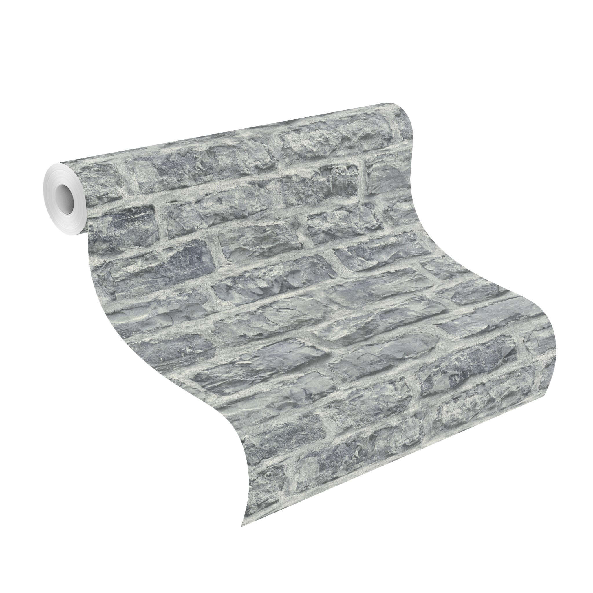 10-498349 Rolle abgerollt 1 Stone-effect wallpaper in grey Factory VI Brick 498349