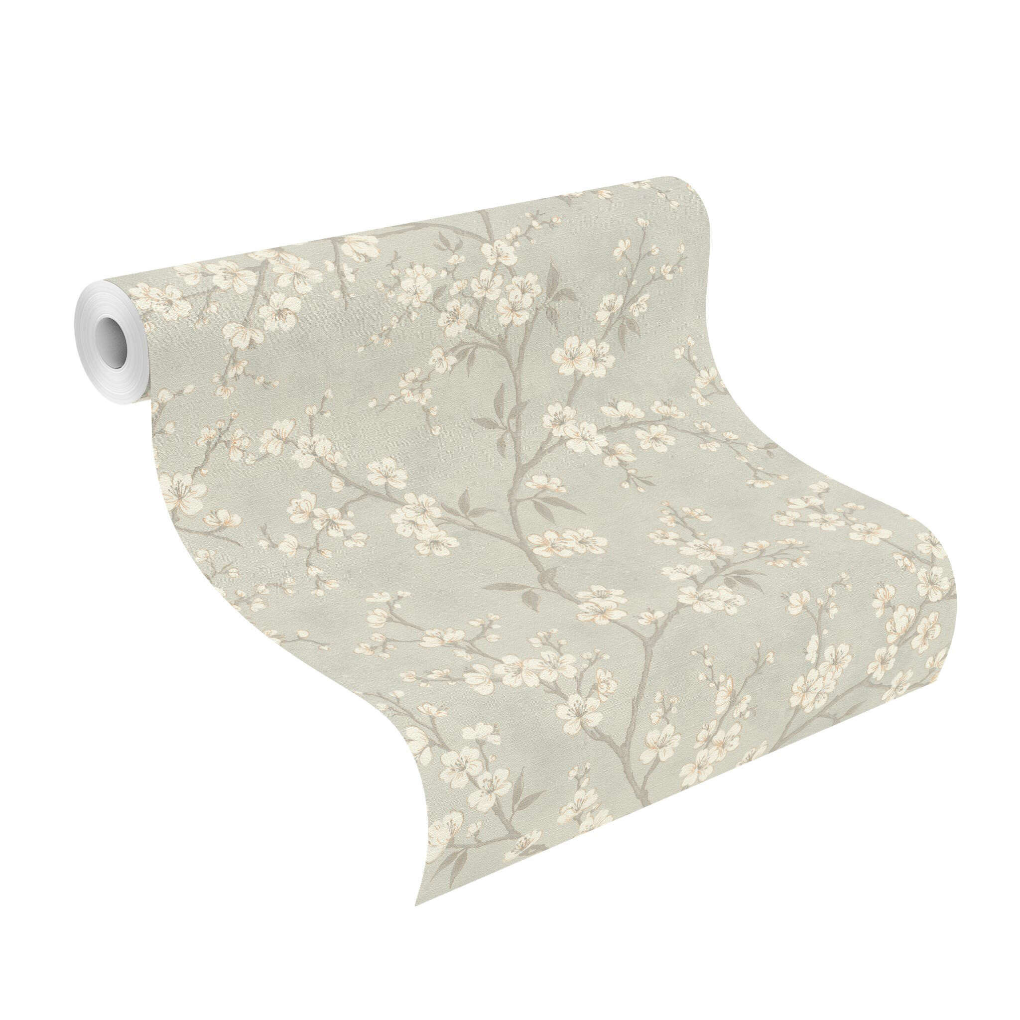 10-456752 Rolle abgerollt 1 Unrolled wallpaper roll with Natural non-woven wallpaper with floral branches on a subtle grey background