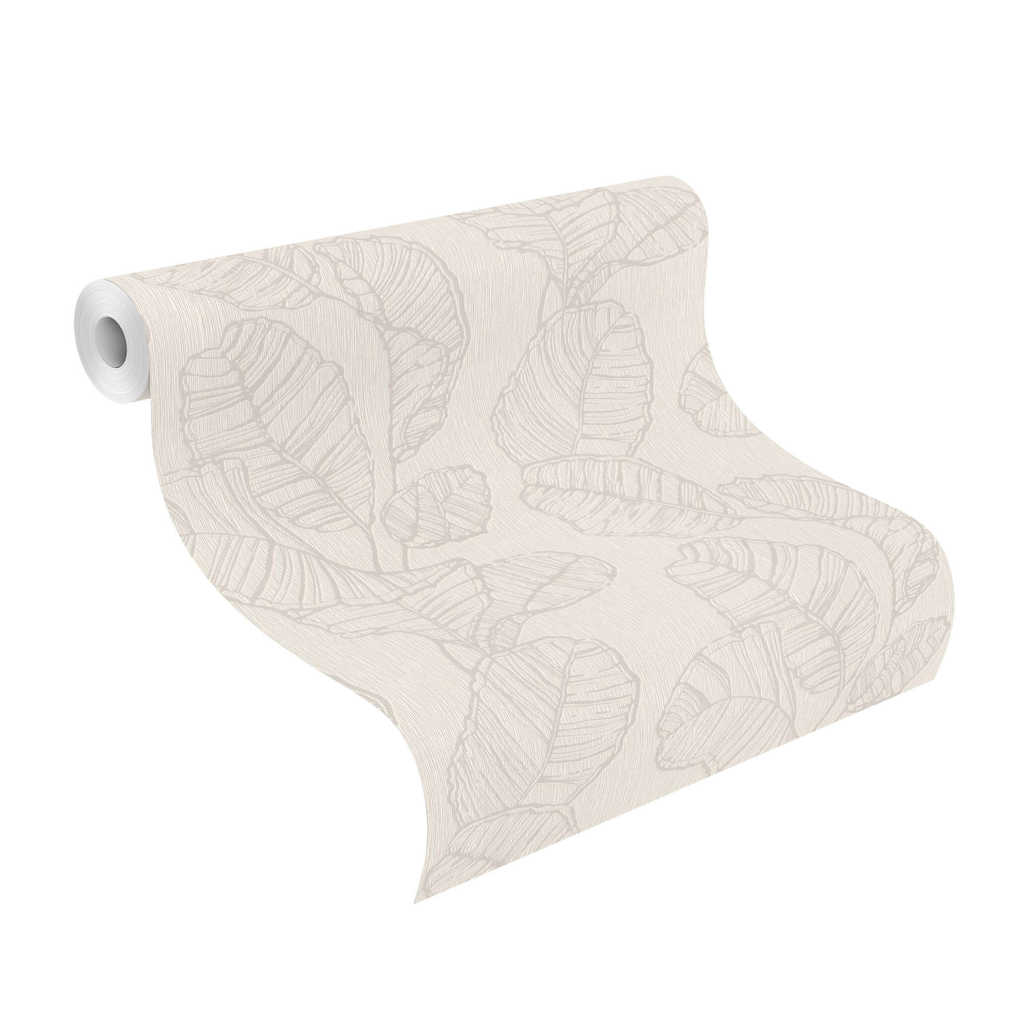 10-822618 Rolle abgerollt 1 Unrolled wallpaper roll with Cream-coloured background with a sophisticated vertical texture and leaf motifs in shiny mother-of-pearl