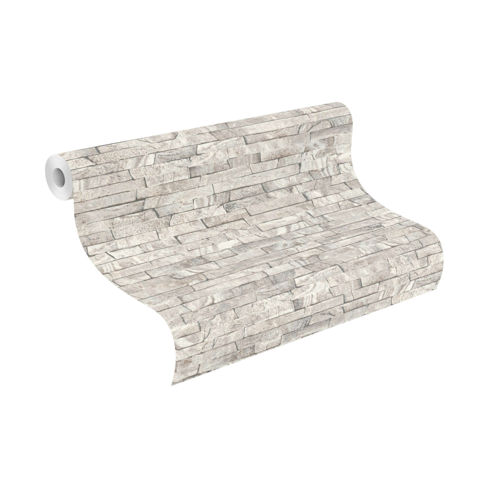 10-278903 Rolle abgerollt 1 Rouleau de déroulé avec Papier peint avec un motif plat et superposé de pierres en beige et gris clair pour un look rustique et moderne