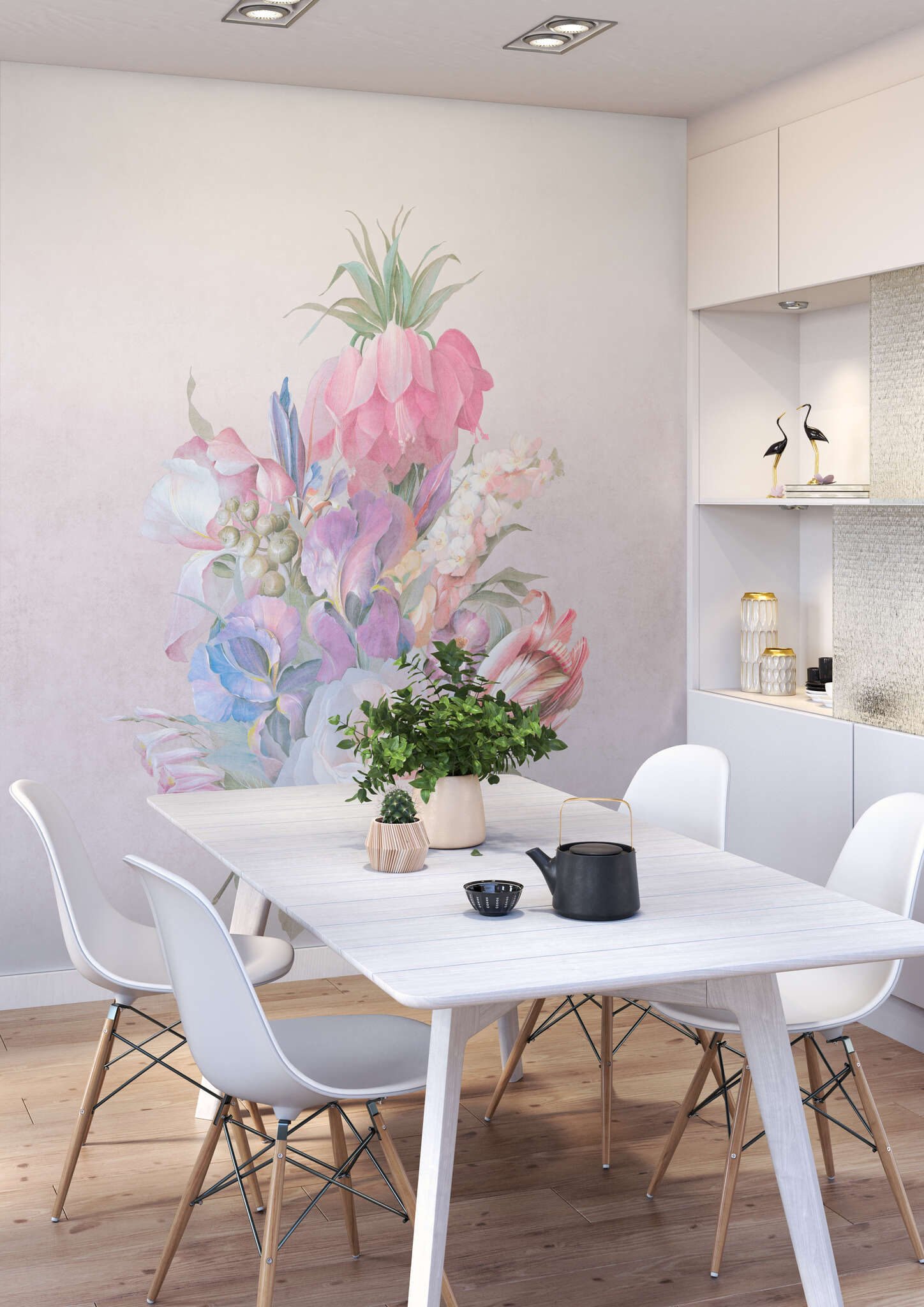 Esszimmer mit 361032 - Wandbild - Überdimensionales Blumenbouquet auf bläulich-beigem Grund magicwalls Papier peint 361032