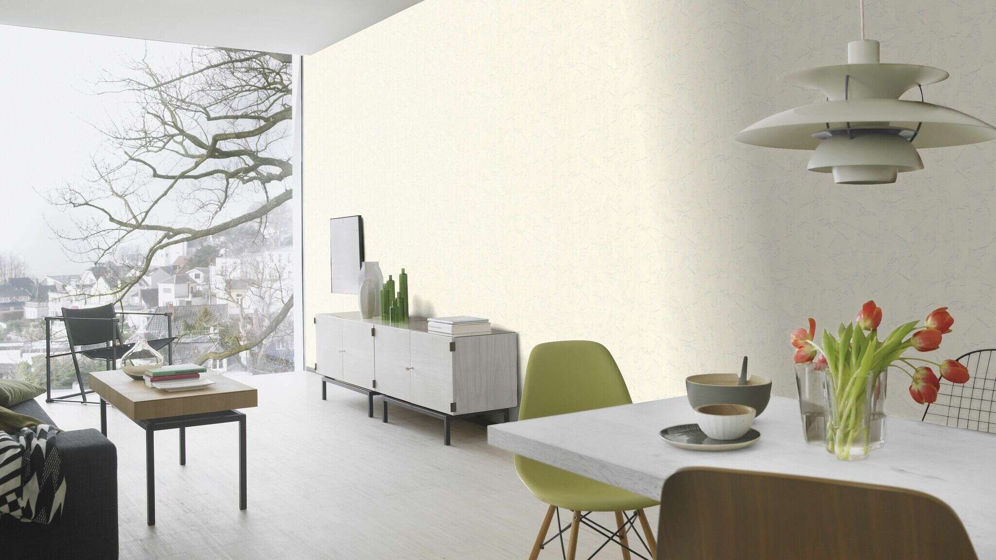 10-483376 Raumsituationen 9 Non-woven wallpaper with plaster texture in cream white 483376