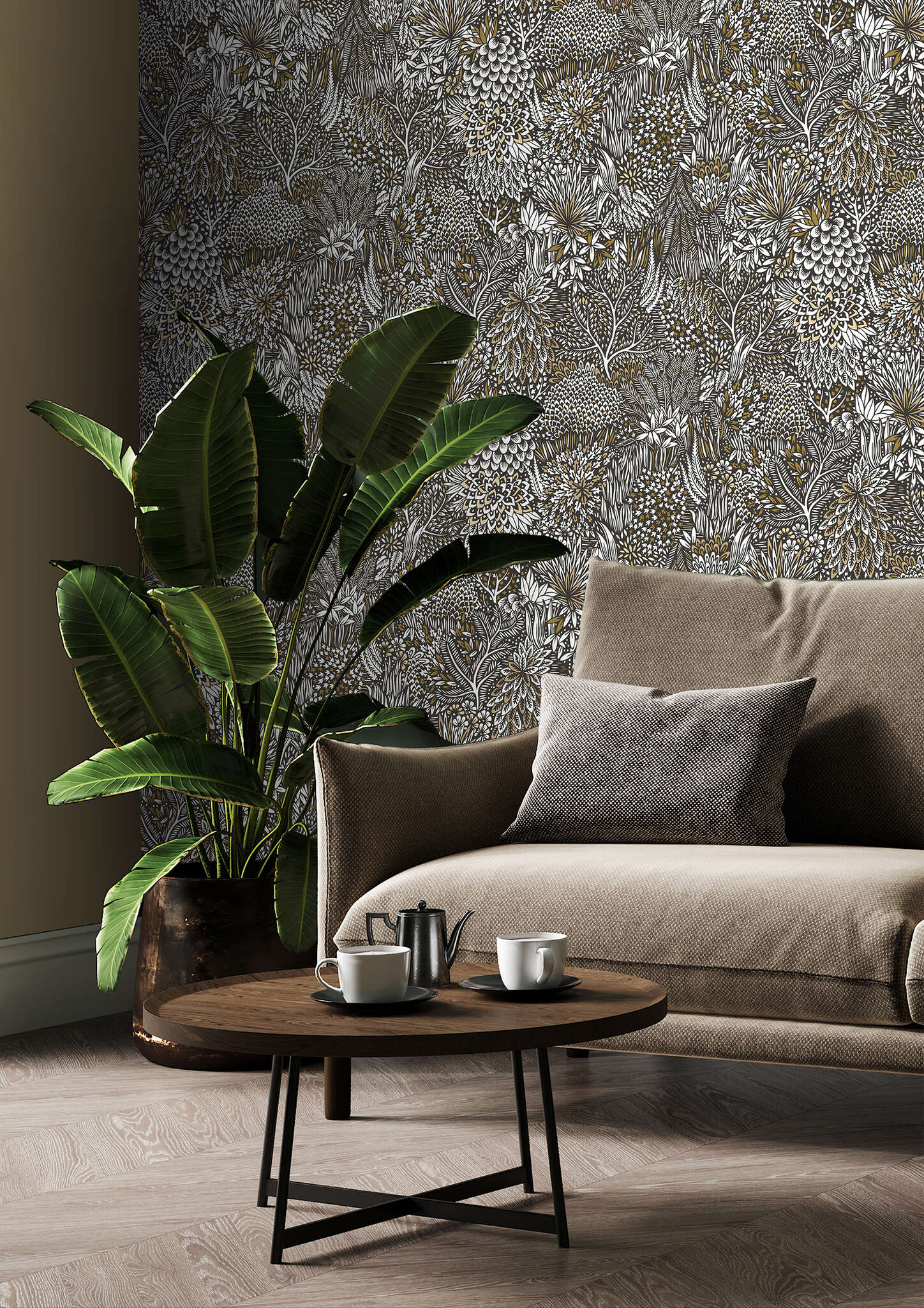 10-866117 Raumbilder 1 Room with Imaginative wallpaper with leaves, needles and twigs
