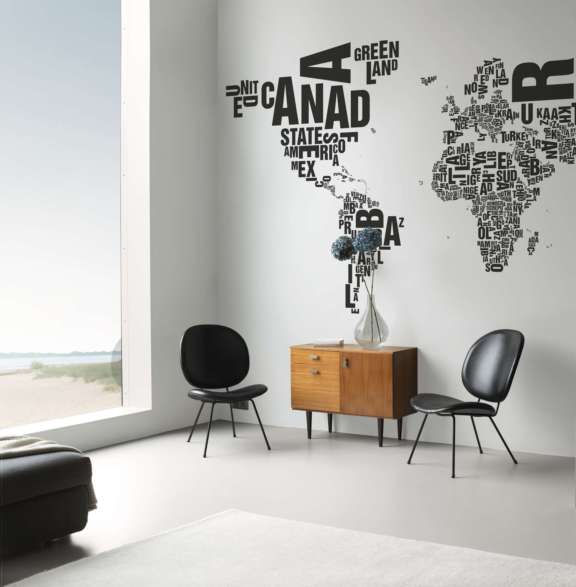 10-101034 Raumbilder 1 Young Artists Wallpaper Mural World Map Letter Locations White/Black - 101034
