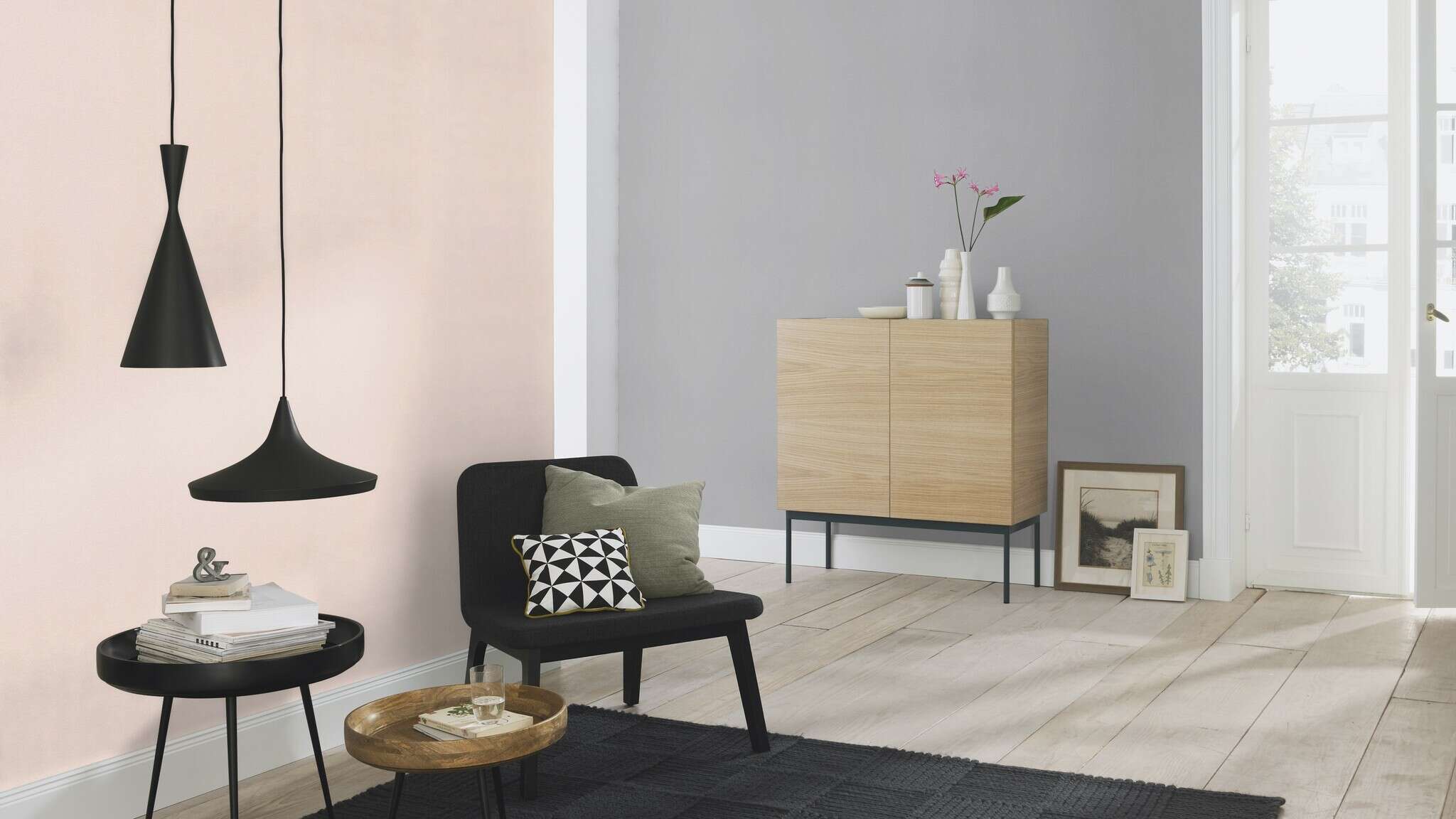 10-523157 Raumsituationen 6 Room with Single-colour wallpaper with velour feel