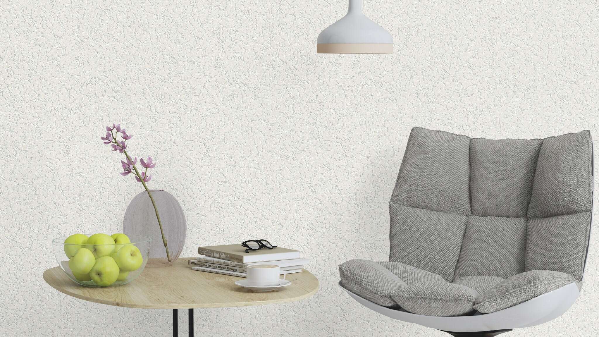 10-444704 Raumsituationen 1 Room with Non-woven wallpaper with a fine, irregular plaster texture in white.