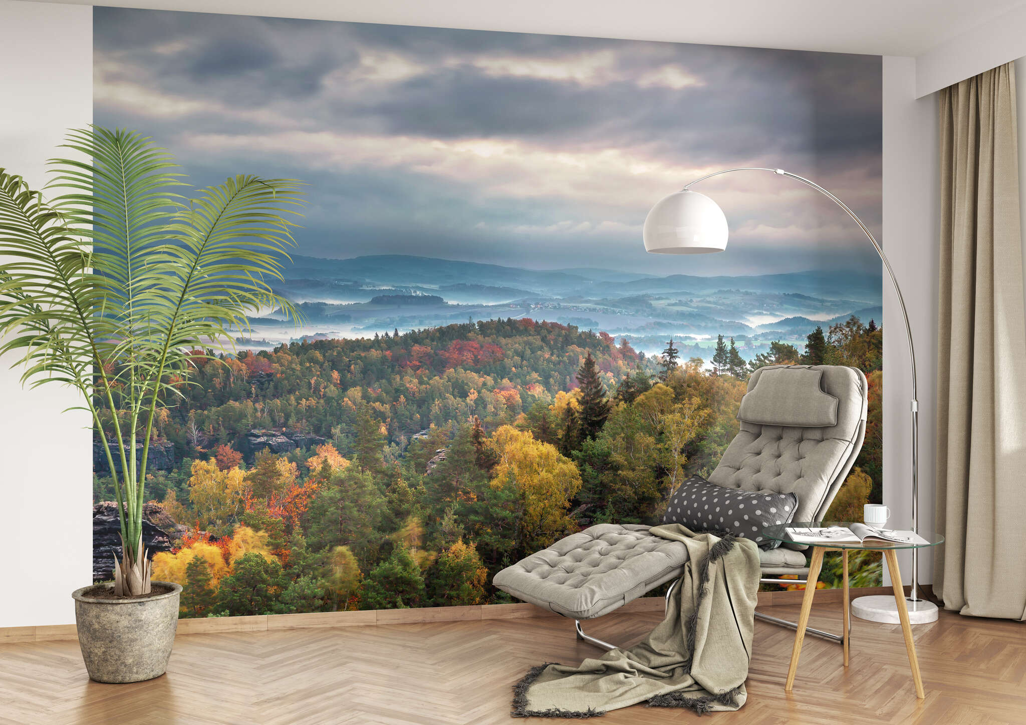 Lese-Ecke mit 363418 - Fototapete - Blick auf leuchtenden Herbstwald aus Vogelperspektive magicwalls Papier peint 363418