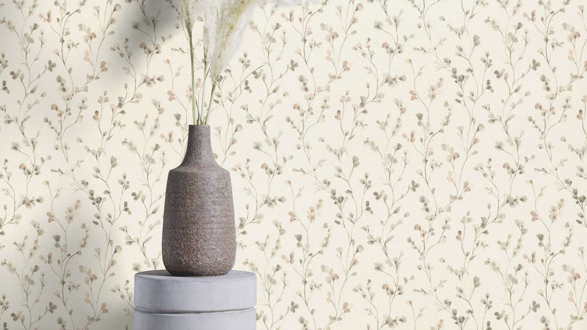 10-486131 Raumsituationen 2 Room with Wallpaper with delicate leaf tendrils in a watercolour look