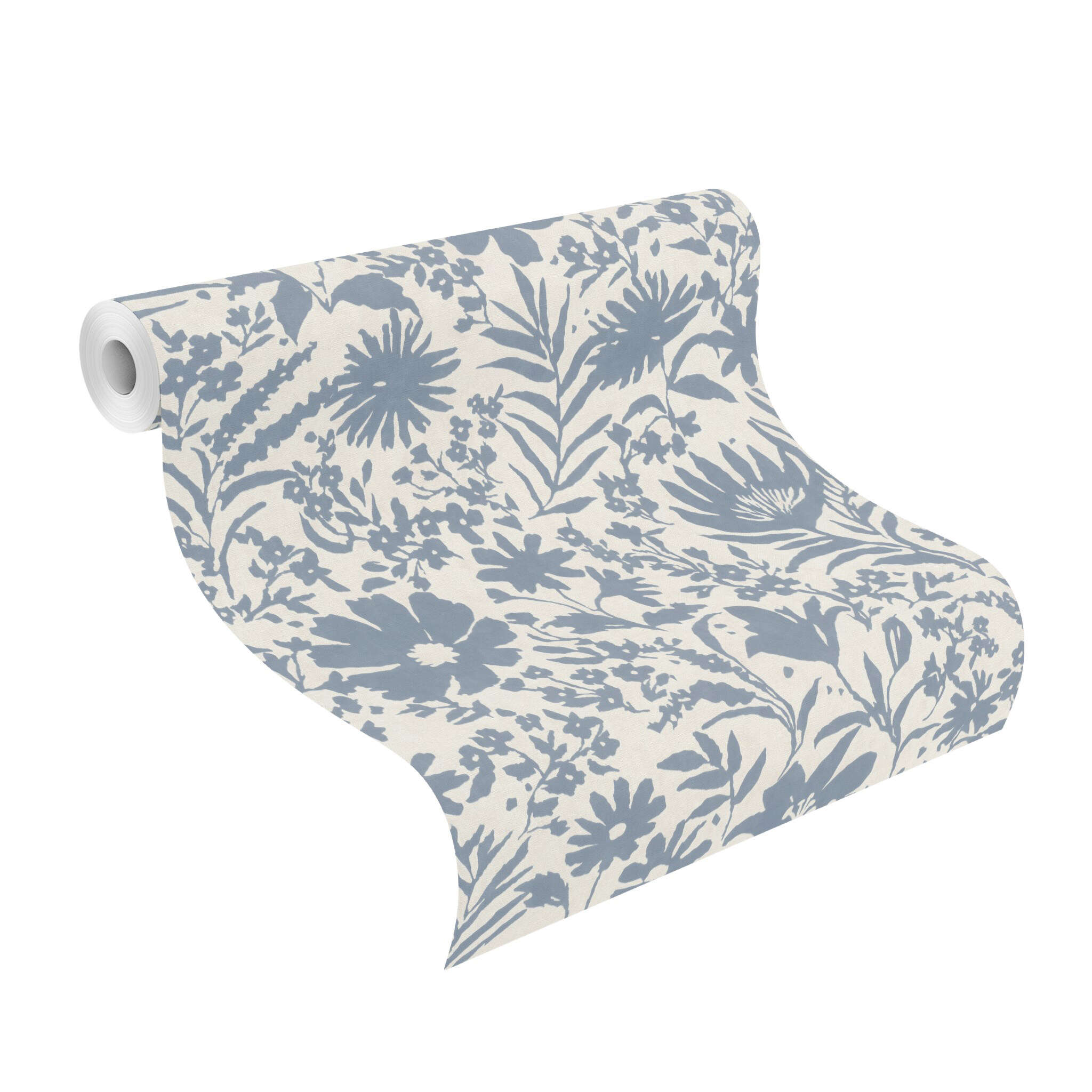 10-330410 Rolle abgerollt 1 Rouleau de déroulé avec Motif floral bleu classique sur fond blanc – frais, convivial et charmantement rustique.