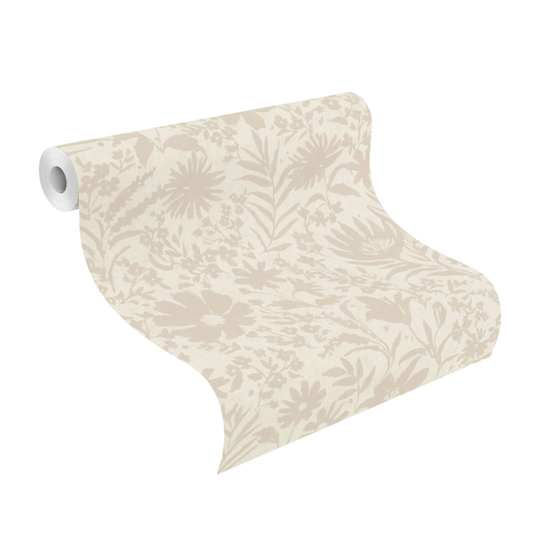 10-330403 Rolle abgerollt 1 Unrolled wallpaper roll with Romantic floral motif in taupe on a light background – delicate, playful and nostalgic.