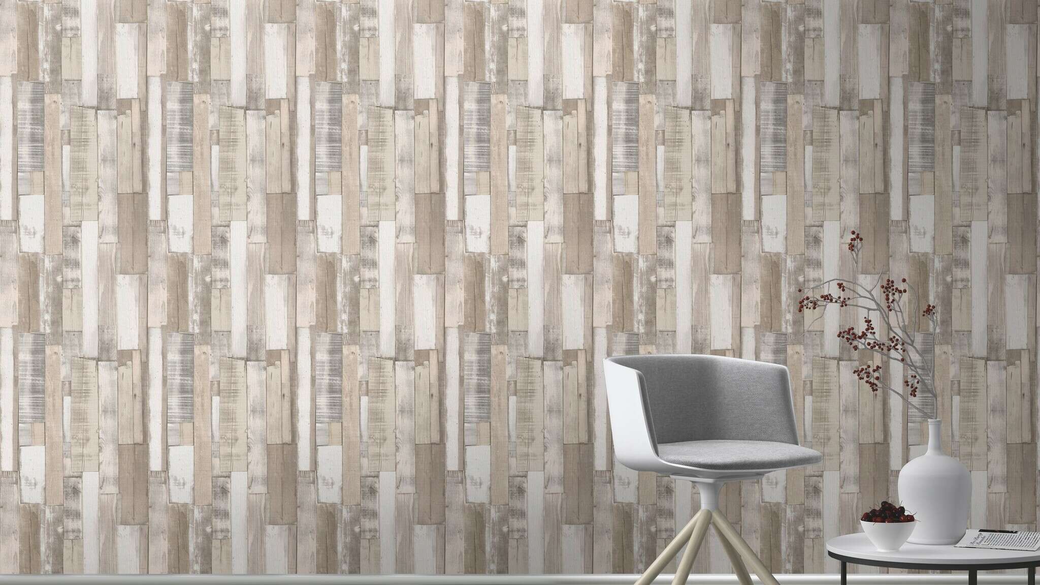 10-203714 Raumsituationen 2 Raum mit Tapete mit rustikalem Holzlatten-Design in Natur- und Weißtönen, im Shabby-Chic-Stil