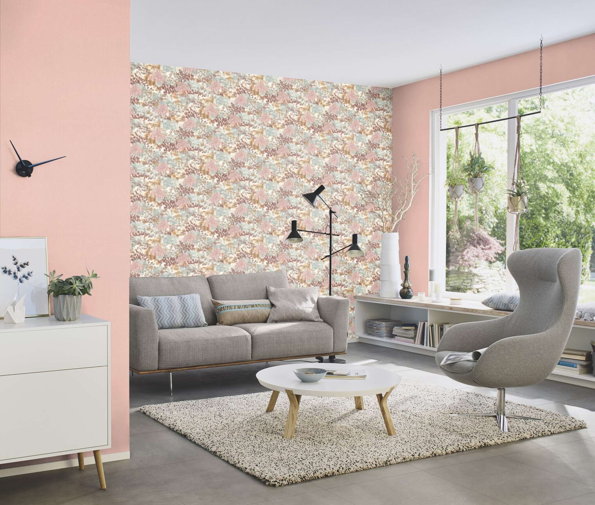 10-690736 Raumsituationen 3 Room with Single-colour wallpaper with a textile texture