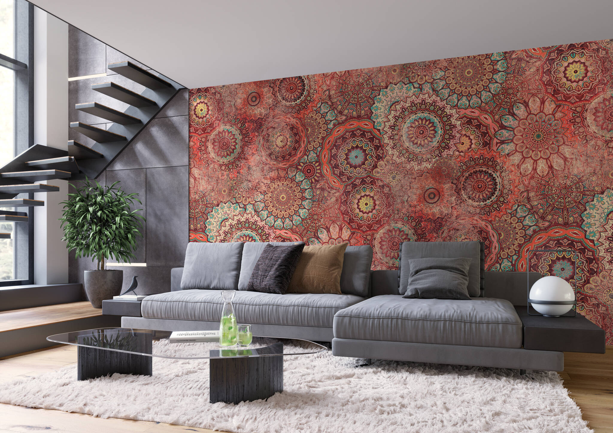 Wohnzimmer mit Wandbild - Prallvolle Mandala-Sammlung in Korallrot, Hellblau und Bordeaux mit wash-out-Effekten
