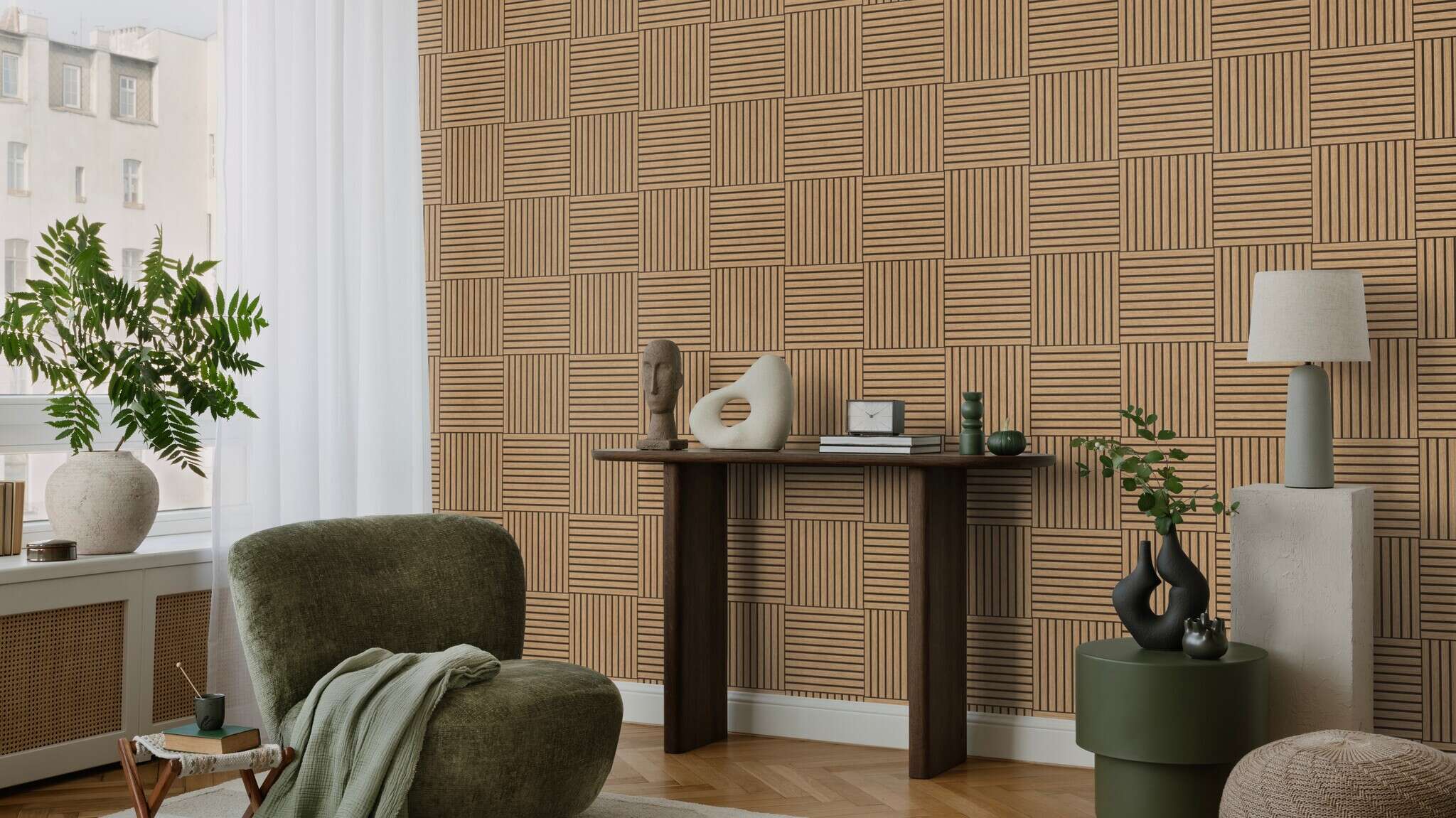 10-417173 Raumsituationen 2 Wood-effect wallpaper in brown – Tonea Factory VI 417173